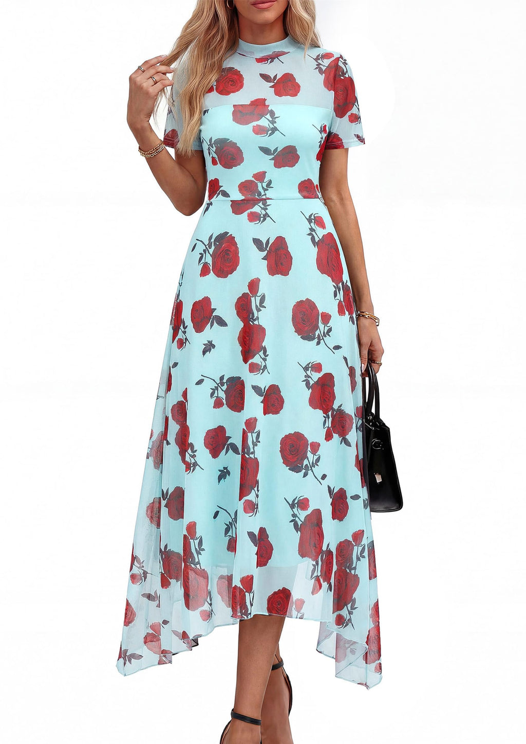 PRETTYGARDEN Cocktail Dresses for Women  Summer Short Sleeve Floral Mesh Sheer Midi Party Wedding Guest Dress