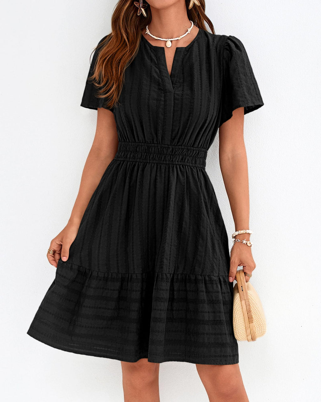 BTFBM Womens Spring  Casual Mini Dresses Lightweight Short Sleeve V Neck Elastic Waist Cute Boho Beach Dress Pockets