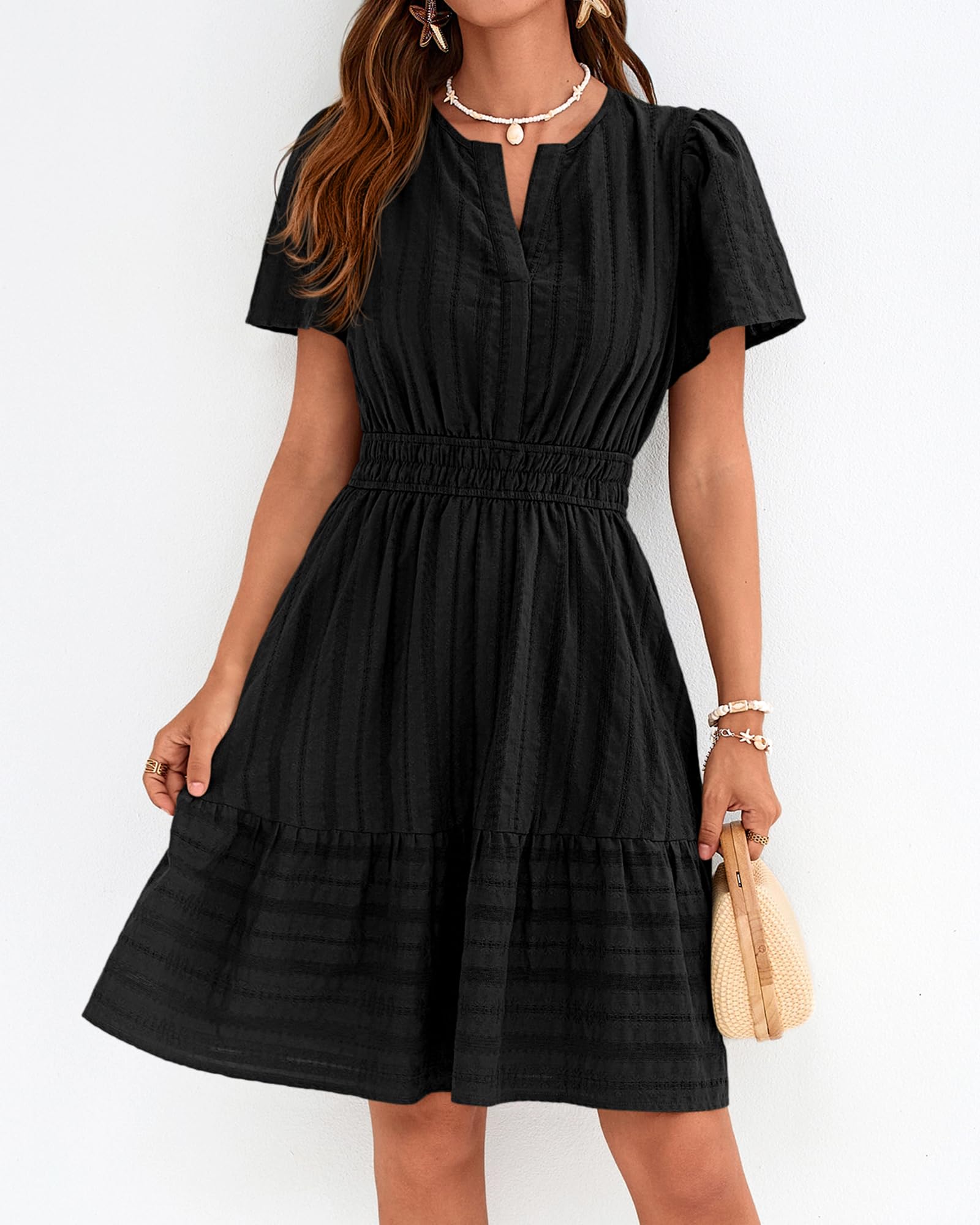 BTFBM Womens Spring  Casual Mini Dresses Lightweight Short Sleeve V Neck Elastic Waist Cute Boho Beach Dress Pockets
