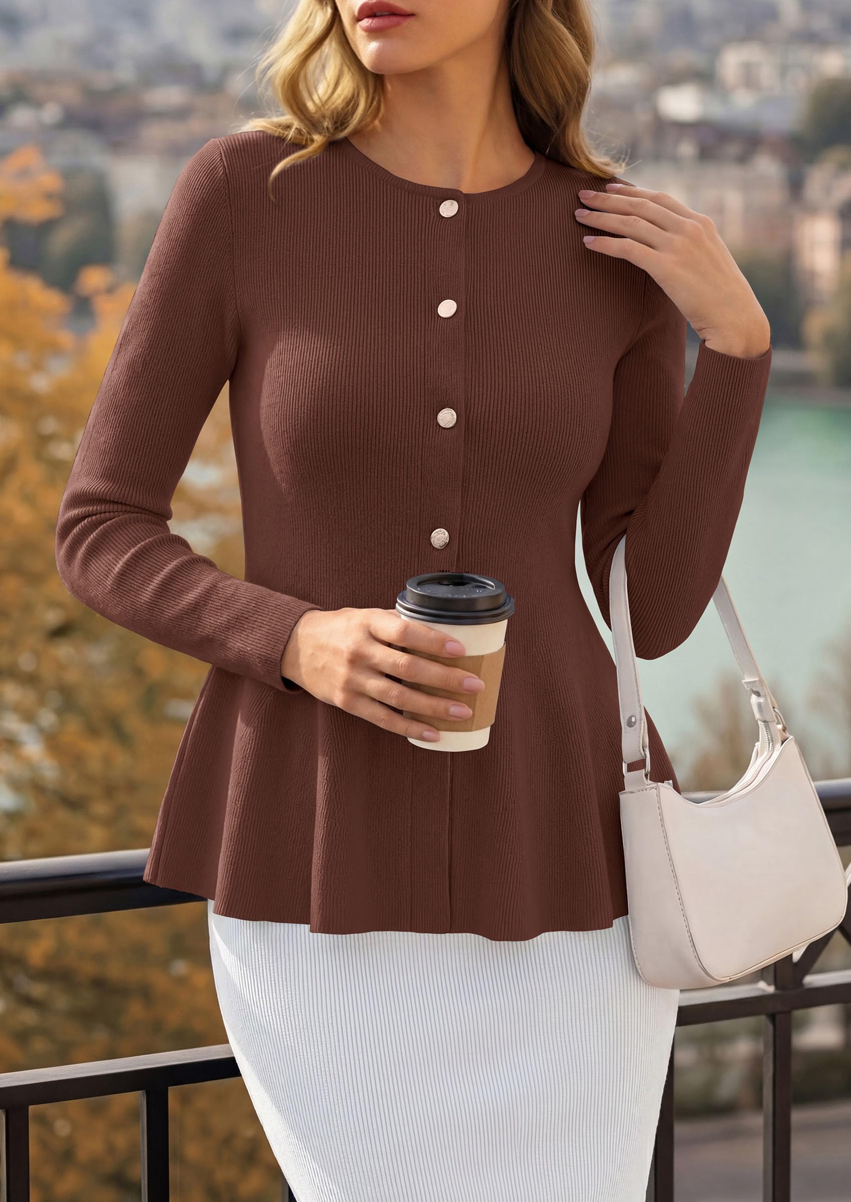 PRETTYGARDEN Women's Fall Lightweight Cardigan Sweaters | Long Sleeve Peplum Tops, Button Up, Slim Fitted, Flared Hem, Soft Ribbed Knit, Business Casual Outfits, Winter Trendy Clothes