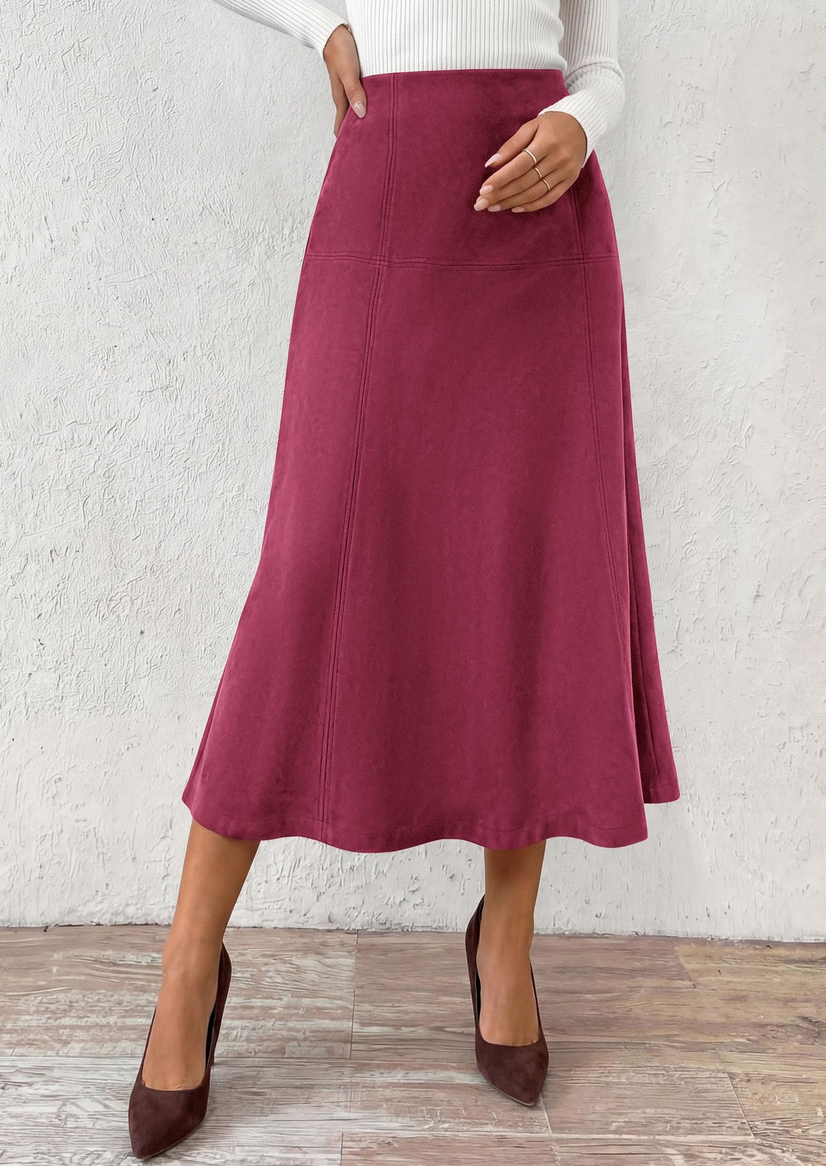 PRETTYGARDEN Womens High Waist Faux Suede A Line Midi Skirt | Hidden Stretch Elastic Waist, Front Back Panel Stitching, Vintage Elegant Mid-Calf Long Skirts for Fall Winter Office Daily