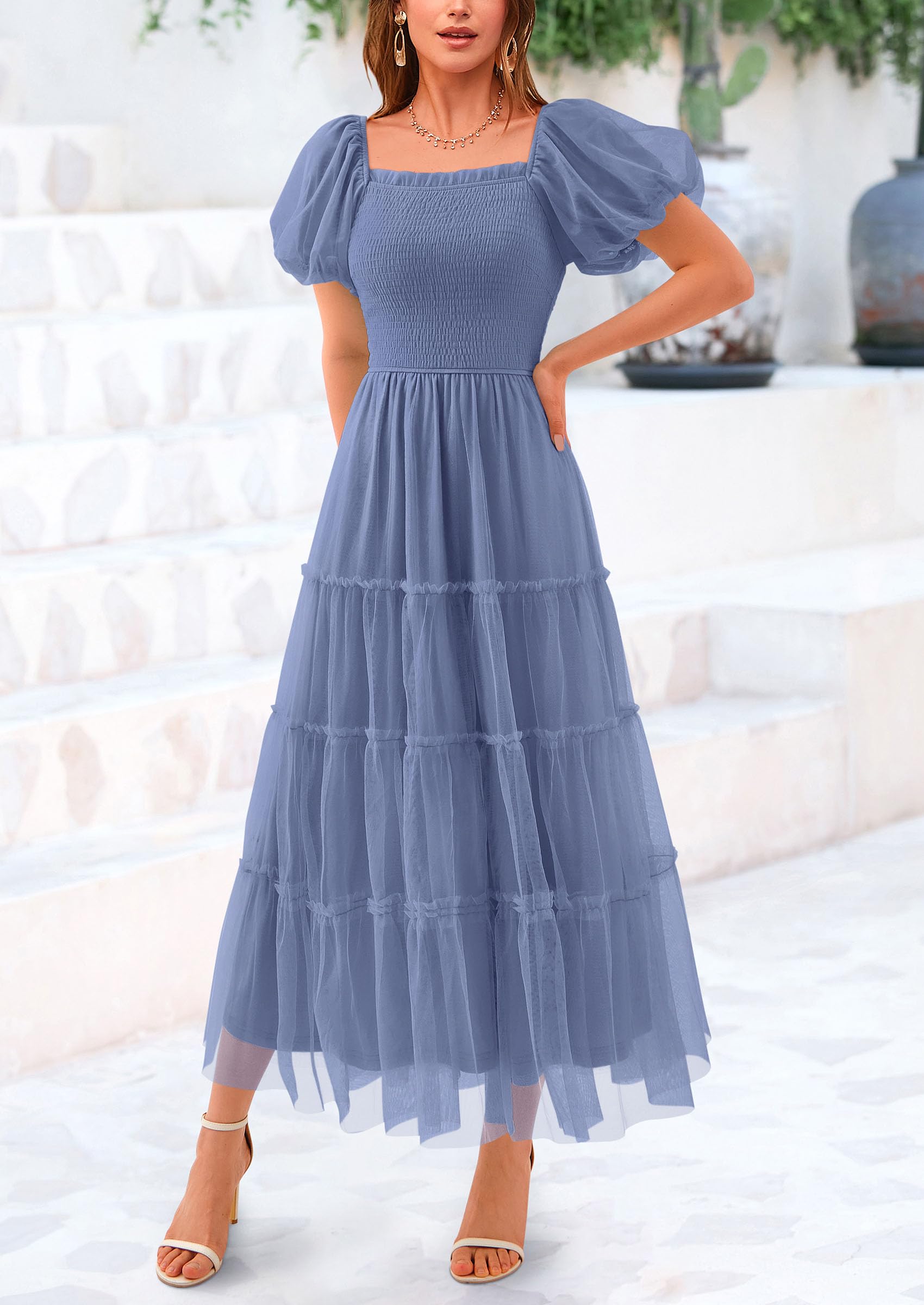 PRETTYGARDEN Women's Smocked Midi Tulle Dress  Summer Puffy Short Sleeve Square Neck Ruffle Wedding Guest Party Dresses