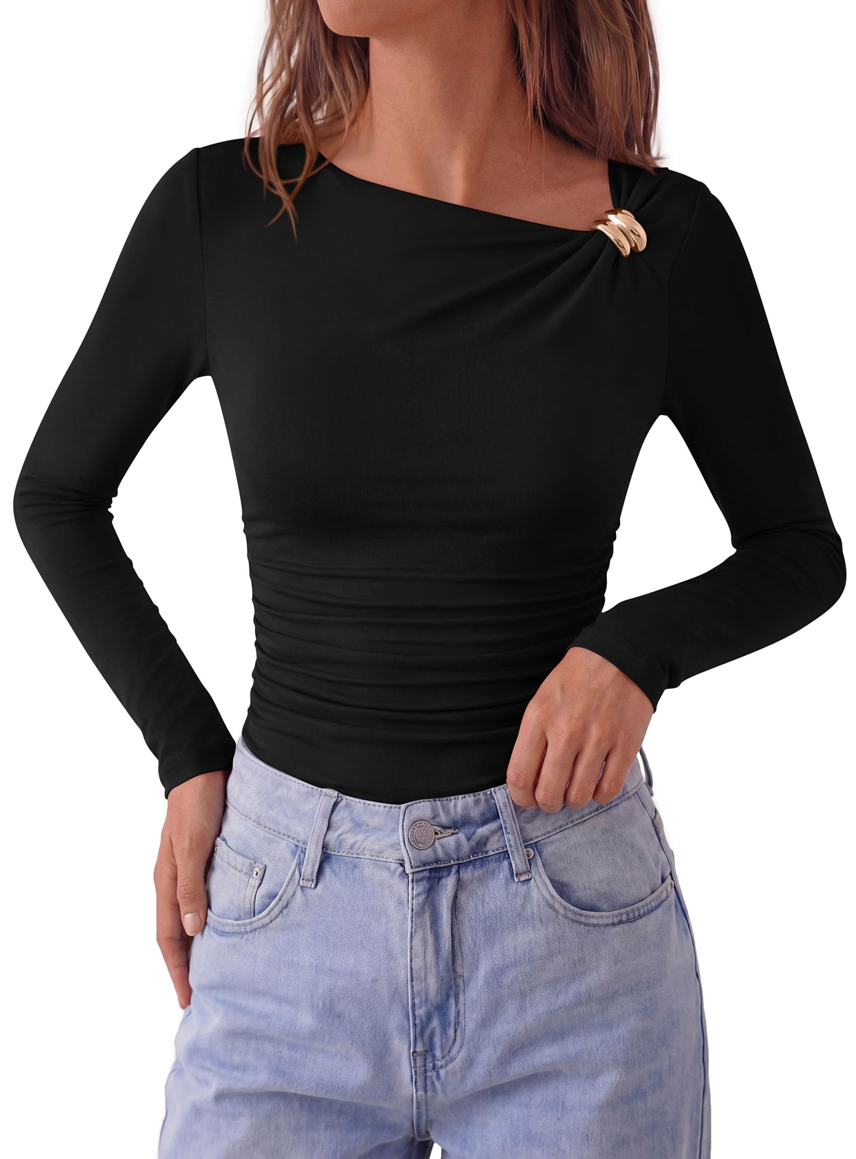 PRETTYGARDEN Long Sleeve Tops for Women Fitted Going Out Top | Comfy Stretchy Knit, Fashion Slim Fit Shirt, Ruched Asymmetrical Side Buckle, Party Date Night Outfits, Y2k Fall Clothes