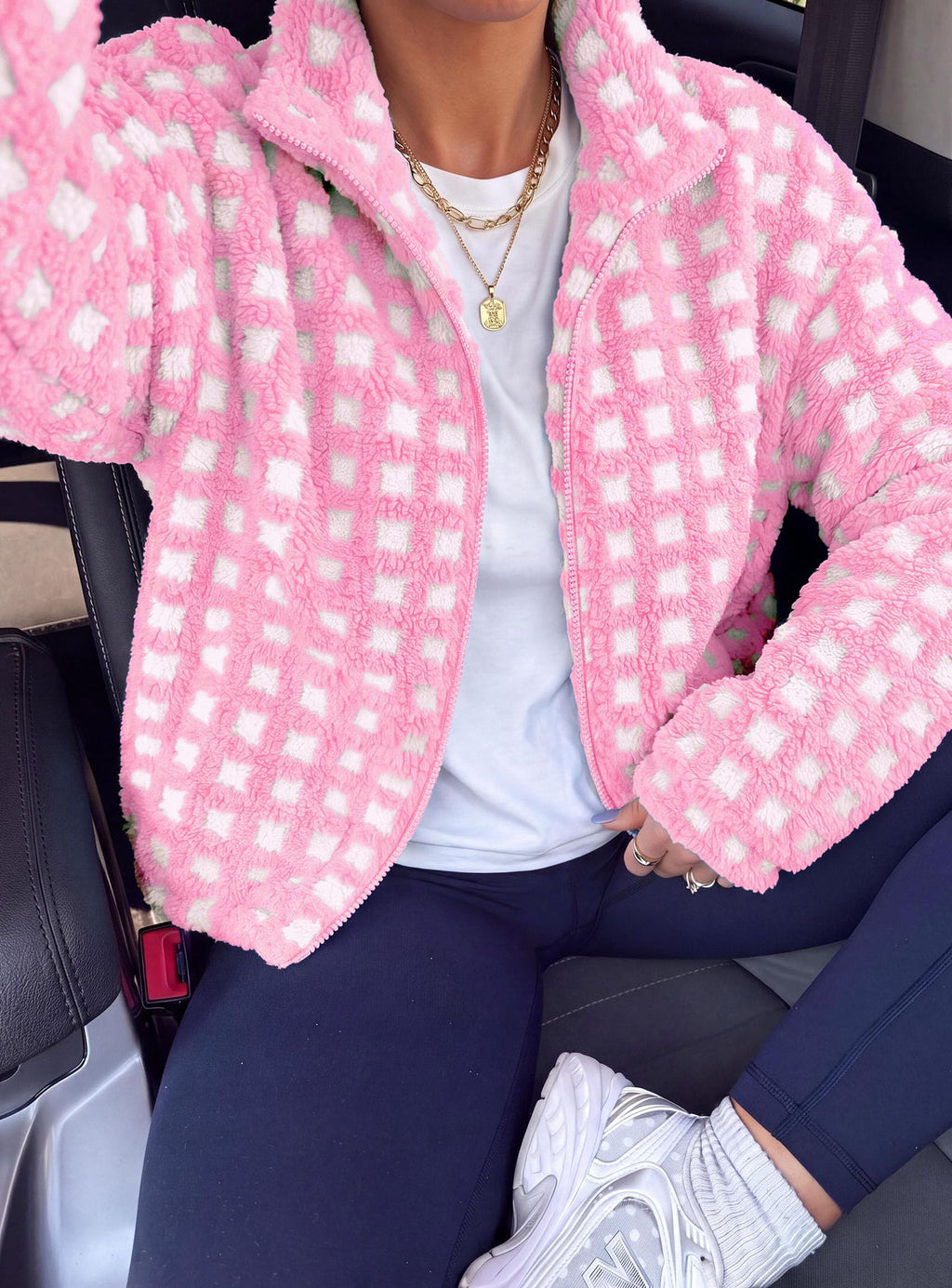 PRETTYGARDEN Women's Gingham Sherpa Fleece Jacket Plaid Cropped Teddy Coat Trendy Y2K Winter Jacket, Zip Up Stand Collar, Side Pockets, Fall Outfit for Casual Daily, Going Out, Streetwear, Outdoor