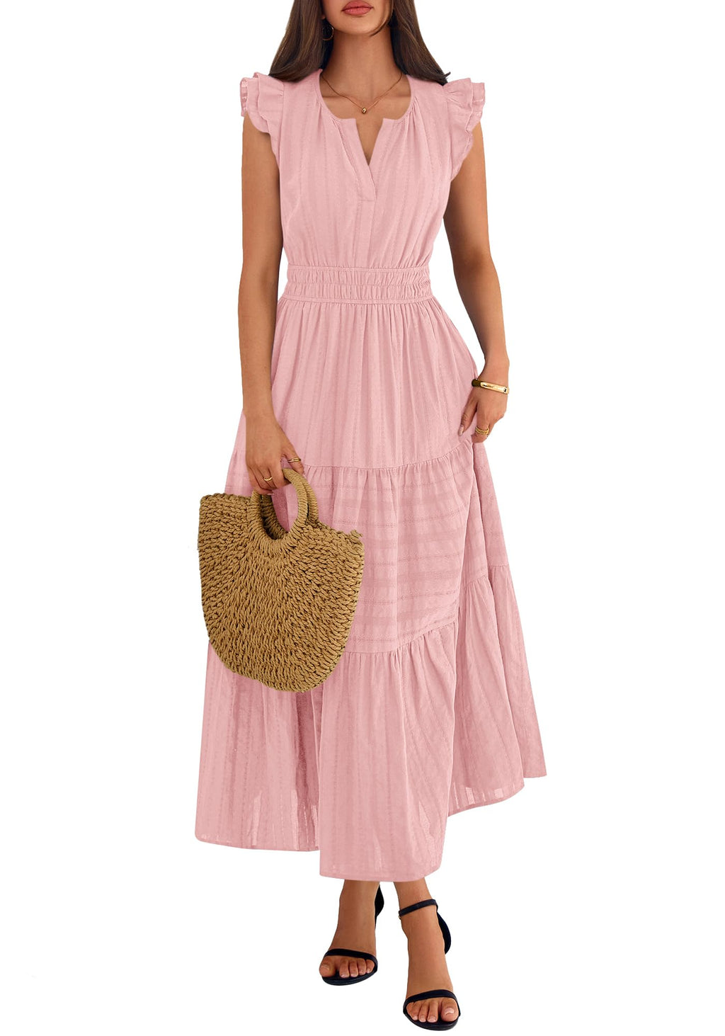 BTFBM Womens Summer Maxi Dress  Spring Boho Vacation Ruffle Flutter Short Sleeve A Line Tiered Flowy Dresses Pockets