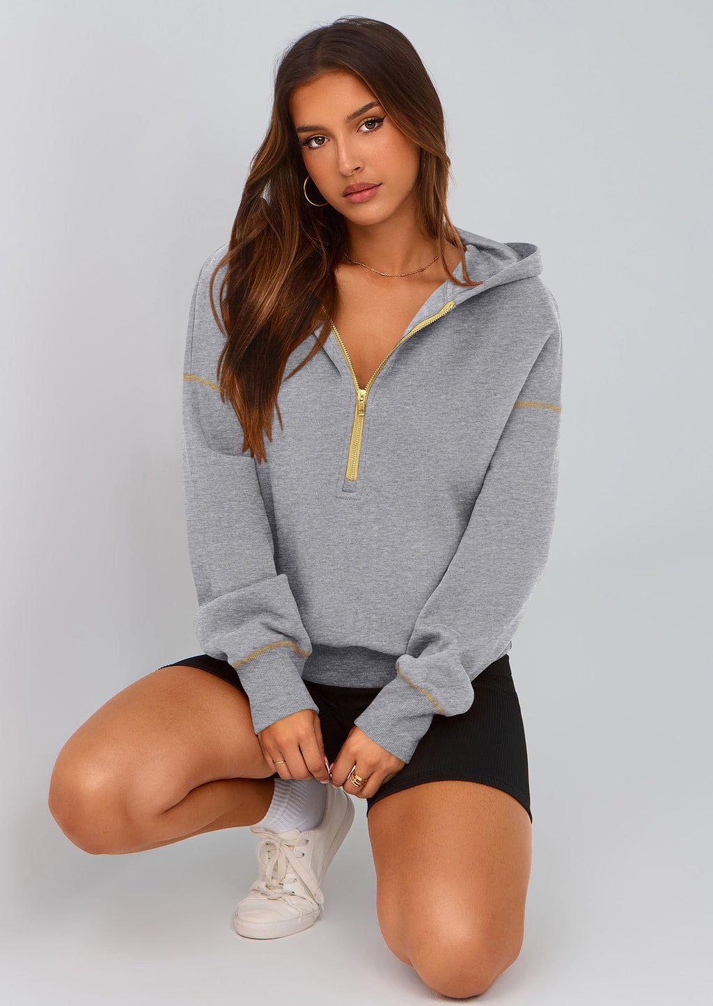 PRETTYGARDEN Women's  Fall Hooded Sweatshirts Long Sleeve Half Zip Cropped Hoodies Pullover Winter Fashion Clothes