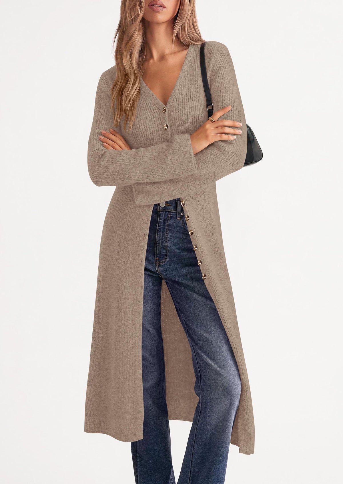 PRETTYGARDEN Women Long Cardigan Bell Sleeve Sweater Dress Early Fall Fashion, V Neck Button Down Coats, Fit and Flare, Duster Sweater, Acrylic Cotton Blend