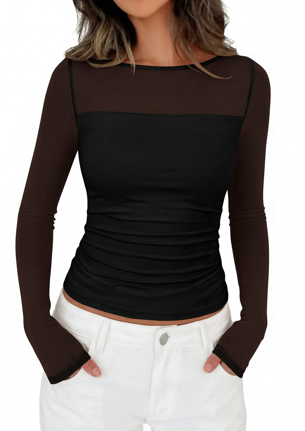 PRETTYGARDEN Women's Sheer Mesh Long Sleeve Going Out Tops | Comfy Stretchy Patchwork,Boat Neck,Ruched Slim Fitted,See Through,Trendy Shirts,Date Night Outfit,Early Fall Fashion Clothing
