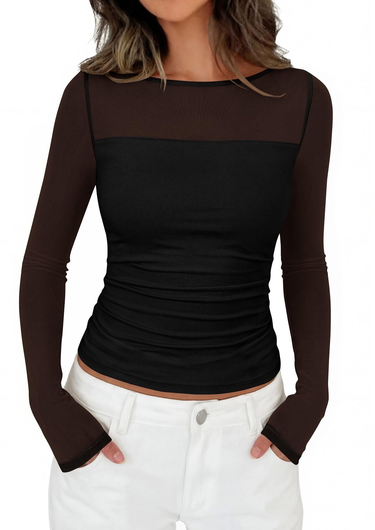 PRETTYGARDEN Women's Sheer Mesh Long Sleeve Going Out Tops | Comfy Stretchy Patchwork,Boat Neck,Ruched Slim Fitted,See Through,Trendy Shirts,Date Night Outfit,Early Fall Fashion Clothing