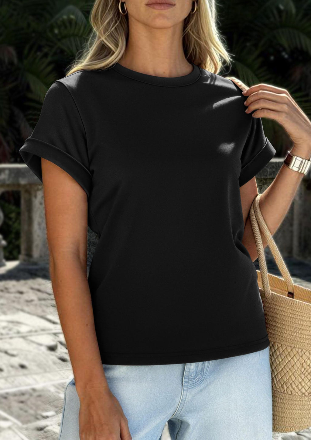 PRETTYGARDEN Womens Summer Tops Spring Casual Rolled Short Sleeve Basic Tees Crew Neck Work Shirts Fashion Clothing