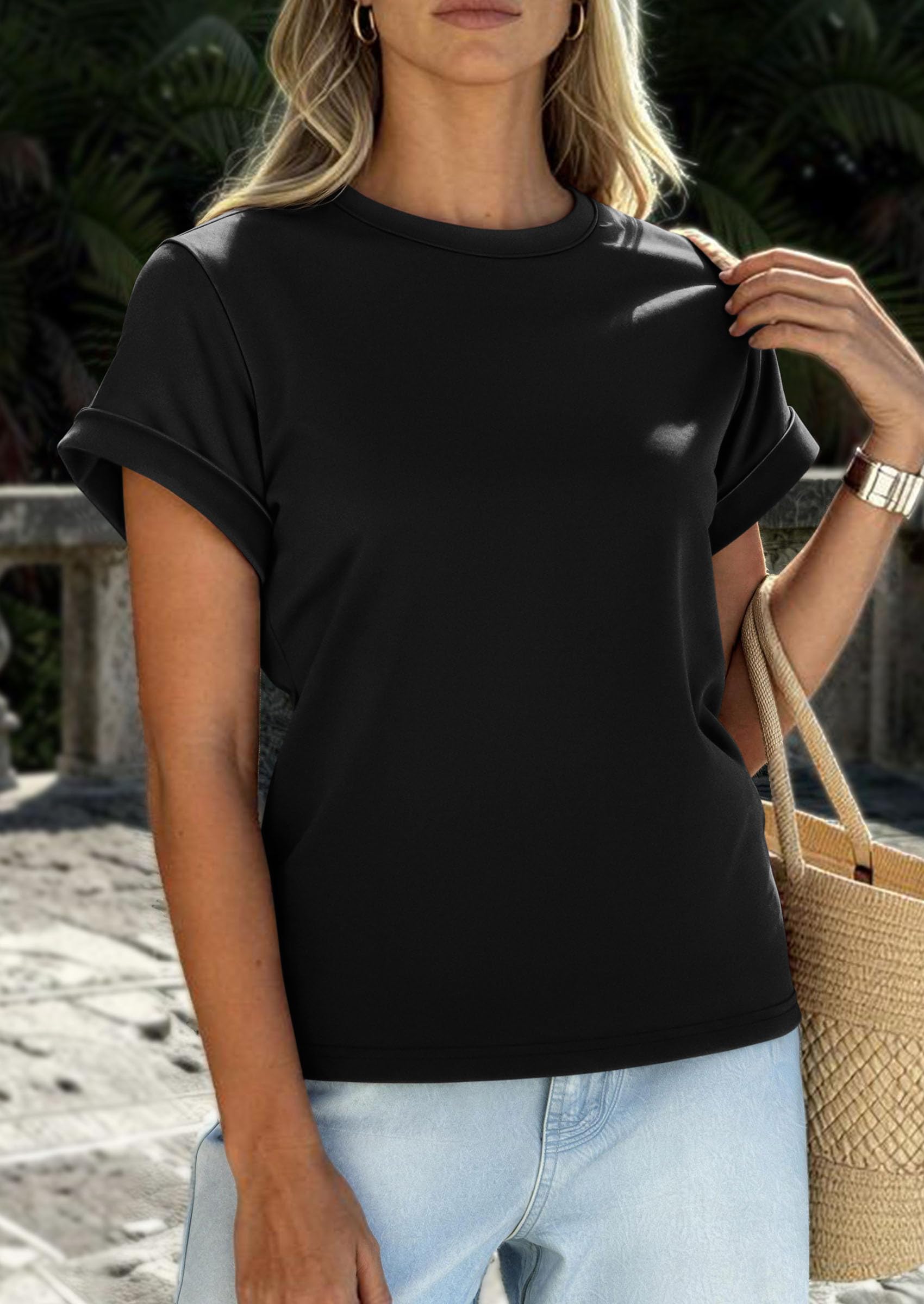 PRETTYGARDEN Womens Summer Tops Spring Casual Rolled Short Sleeve Basic Tees Crew Neck Work Shirts Fashion Clothing