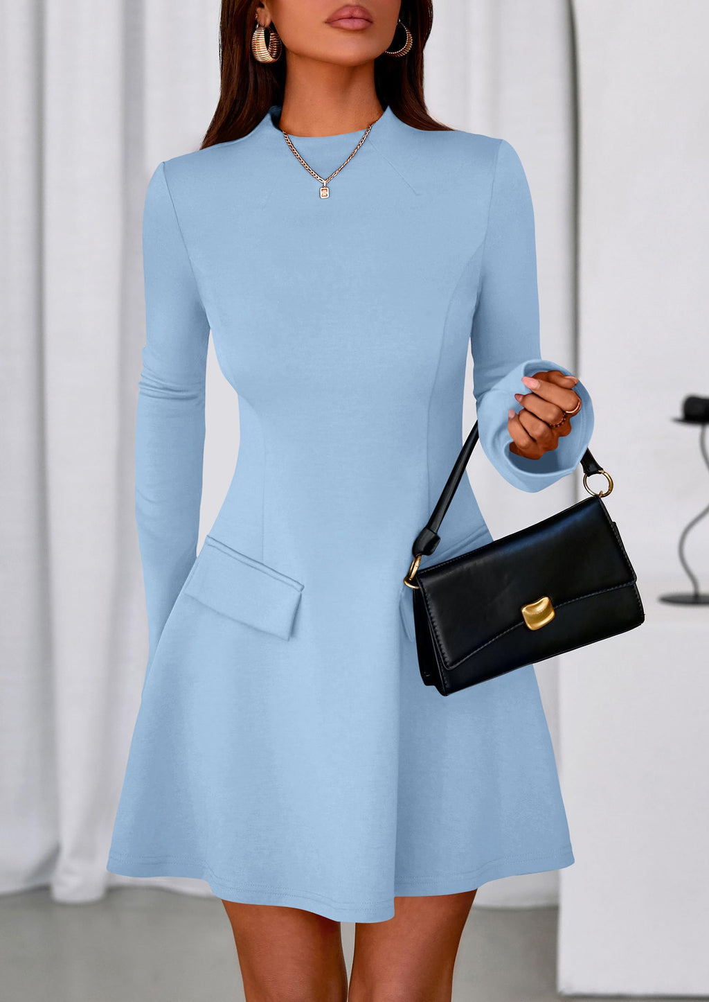 PRETTYGARDEN Women's Elegant Holiday Short Dress  Fall Bell Long Sleeve Mock Neck Work Business Casual Party Mini Dress