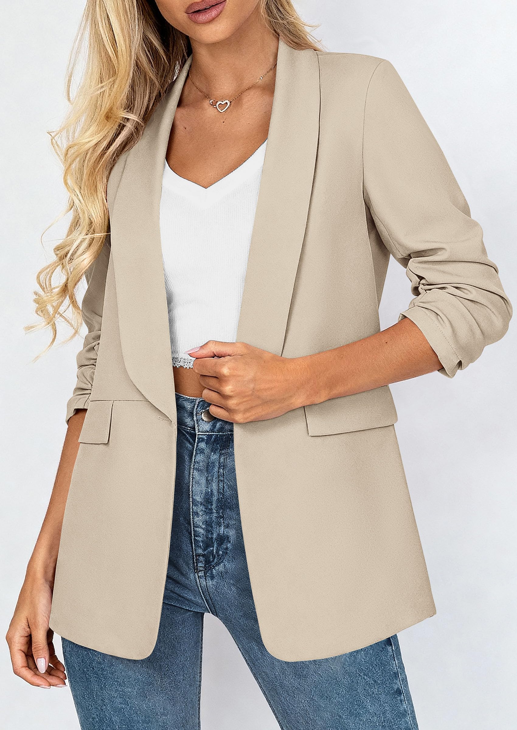 PRETTYGARDEN Women's Summer Blazers Business Casual Outfits | Ruched 3/4 Sleeve,Shawl Lapel,Collared Open Front,Padded Shoulder,Lightweight Jackets,Office Work Suits,Spring Fall Clothes