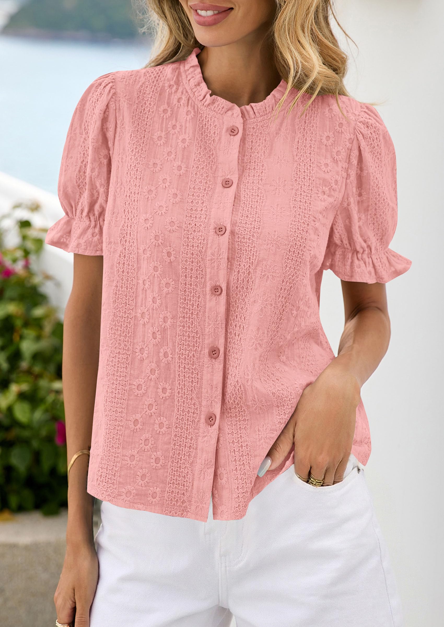 PRETTYGARDEN Womens Puff Short Sleeve Tops  Summer Spring Button Down Boho Embroidered Cute Blouse Dressy Casual Shirts
