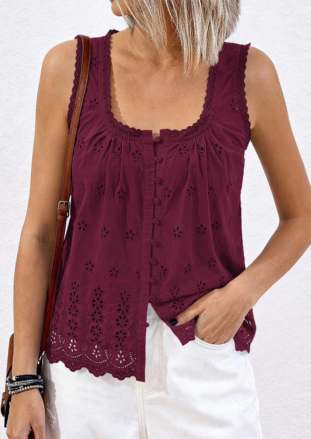 PRETTYGARDEN Womens Tank Tops 2026 Summer Button Down Shirts Embroidered Eyelet Dressy Casual Blouses Beach Vacation Clothes