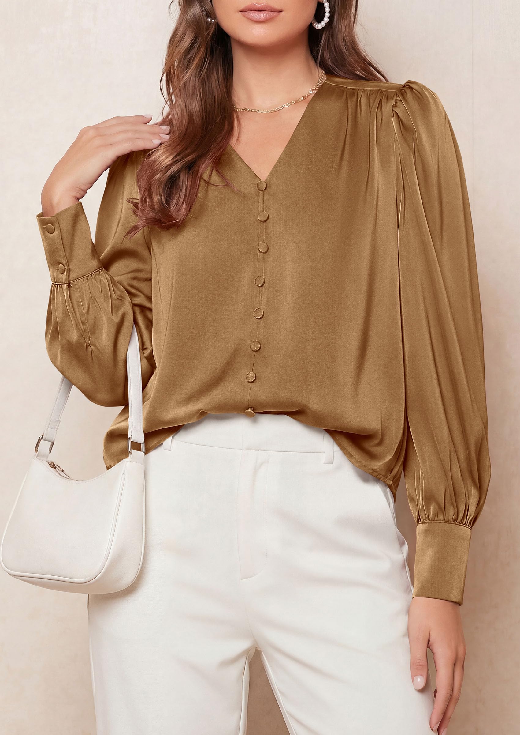 PRETTYGARDEN Satin Long Sleeve Womens Blouses Dressy Casual | Glossy Smooth Silk Fabric,Lantern Sleeve Fall Tops,Decorative Button Pullover,V Neck Shirts,Office Work Business Outfits