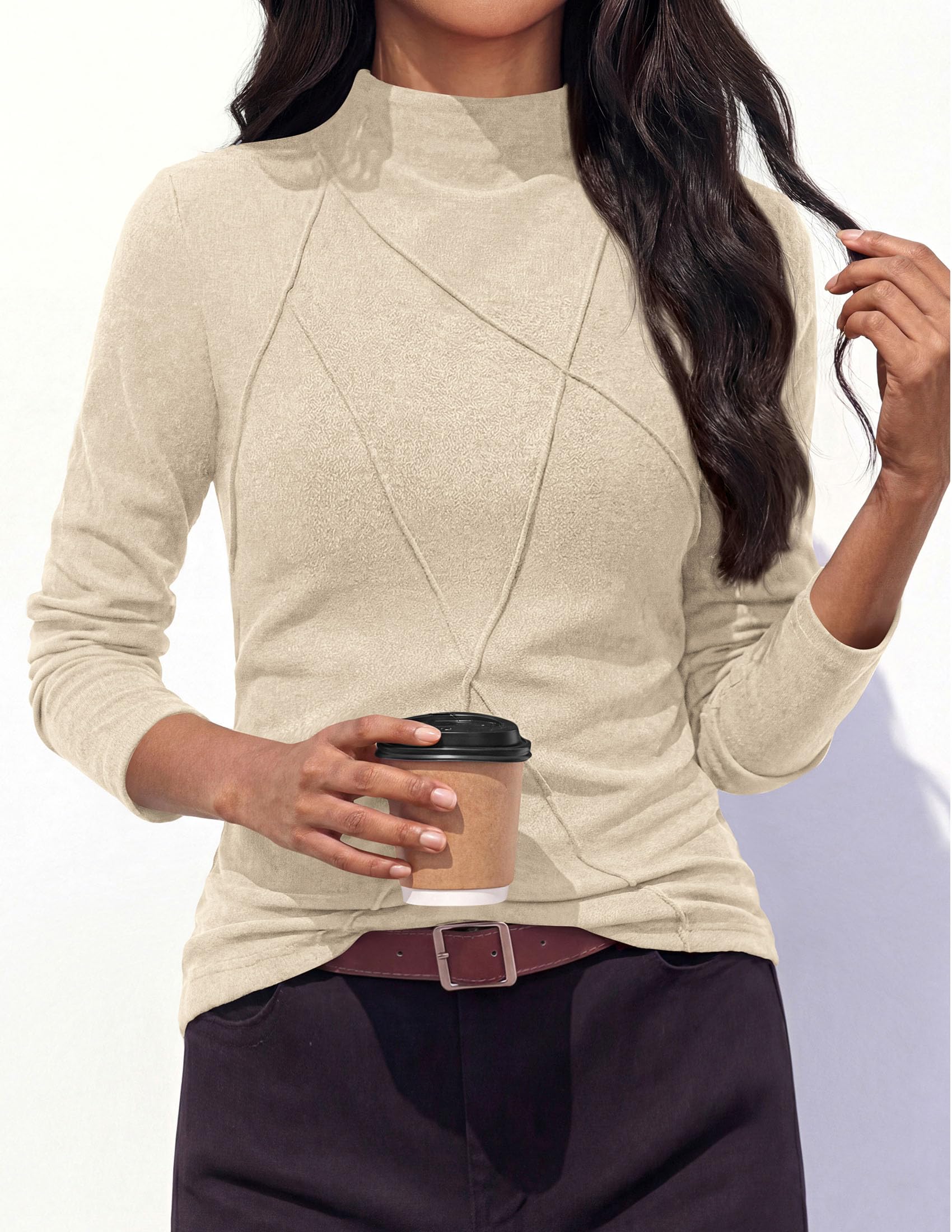 PRETTYGARDEN Women's Fall Mock Neck Long Sleeve Shirts | Soft Stretchy Knit,Geometric Seam Stitching,Slim Fitted Basic Tees,Thermal Casual Wear,Daily Work Layering Winter Tunic Top