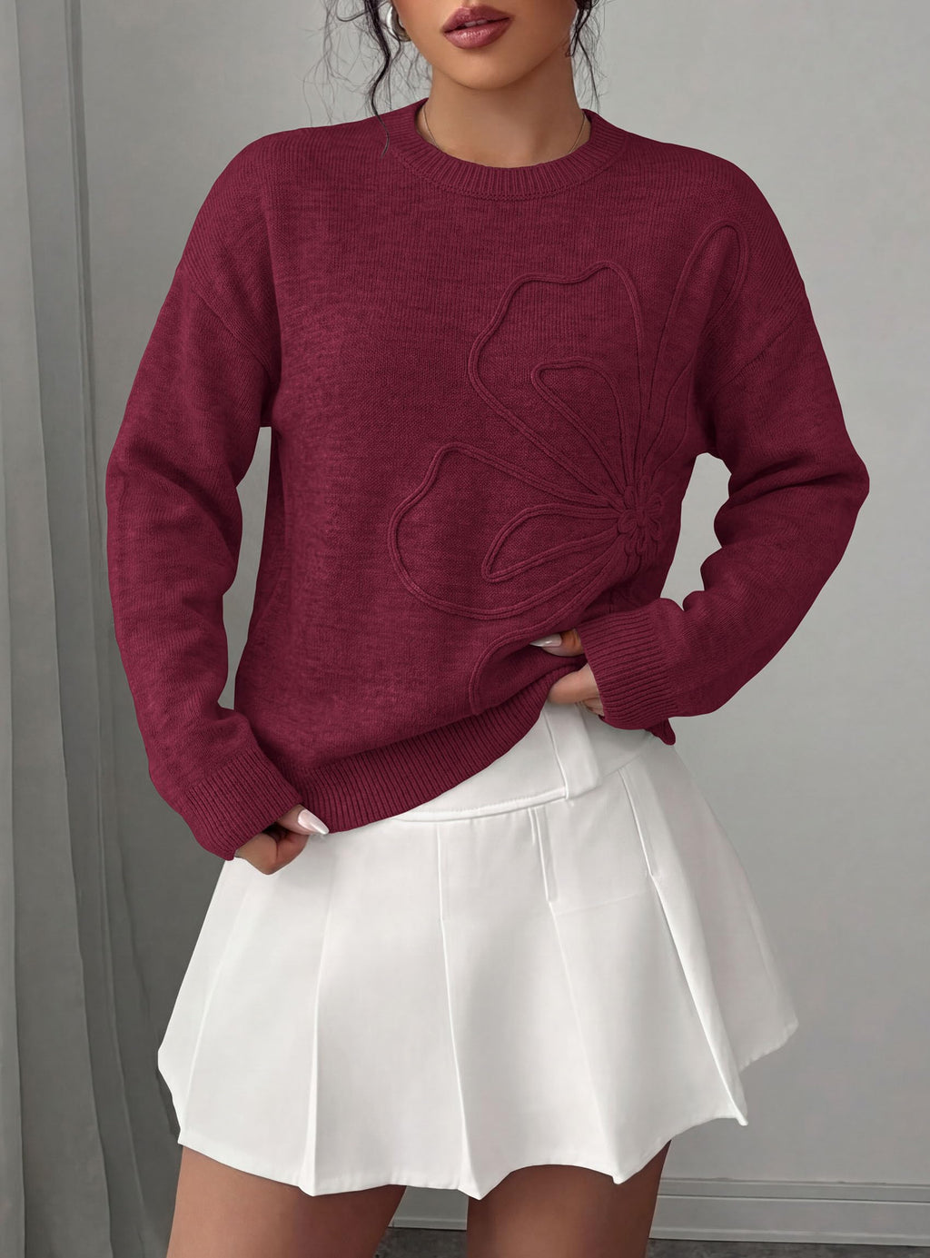 PRETTYGARDEN Women Fall Sweaters Trendy Floral Knit Pullover | Flower Embroidered Tops, Crew Neck, Soft Long Sleeve Shirts, Cozy Winter Layering Clothes for Casual Outing, Holiday Party