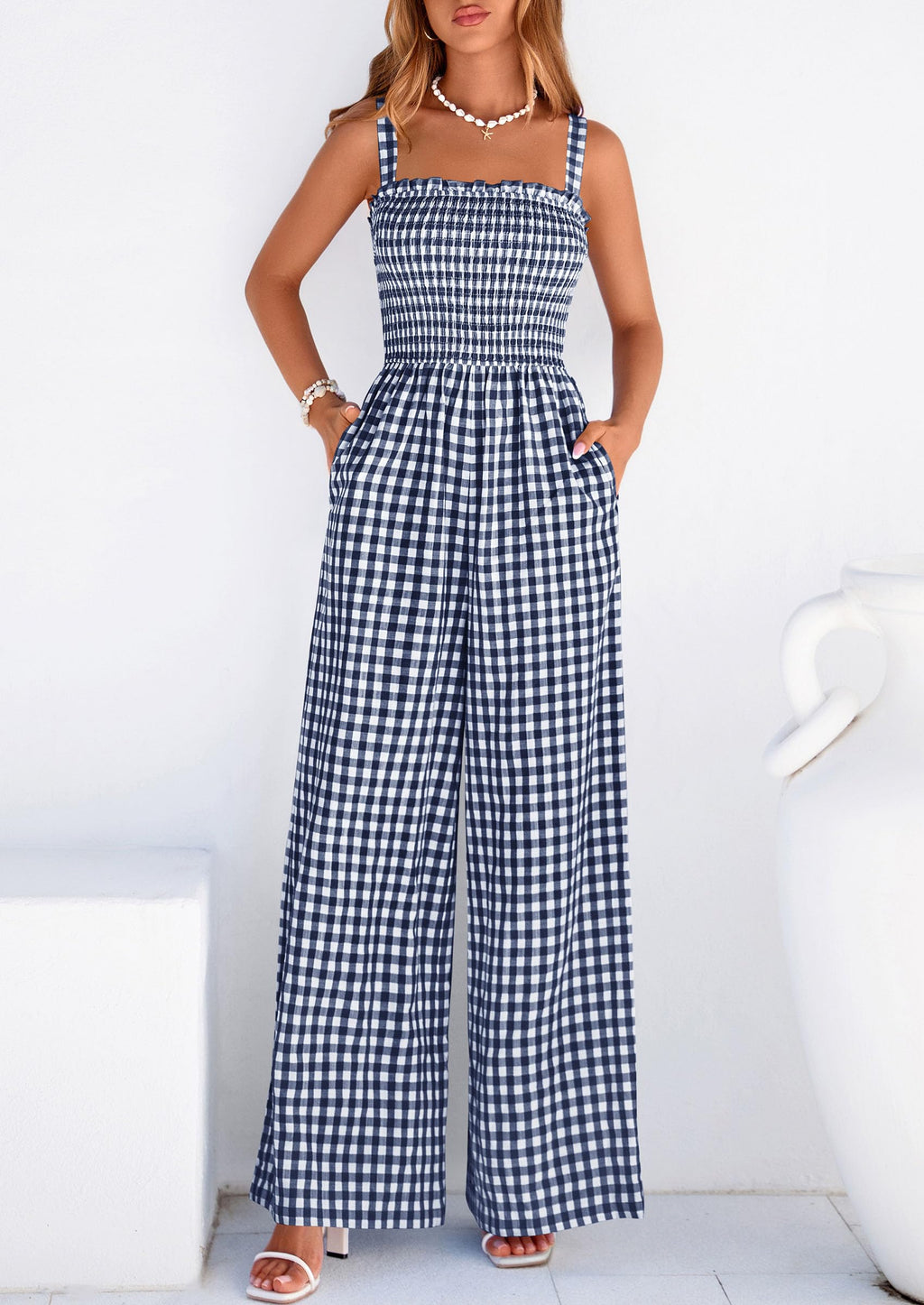 PRETTYGARDEN One Piece Jumpsuits for Women Casual Summer Cruise Outfits  Spring Fashion Smocked Wide Leg Gingham Rompers
