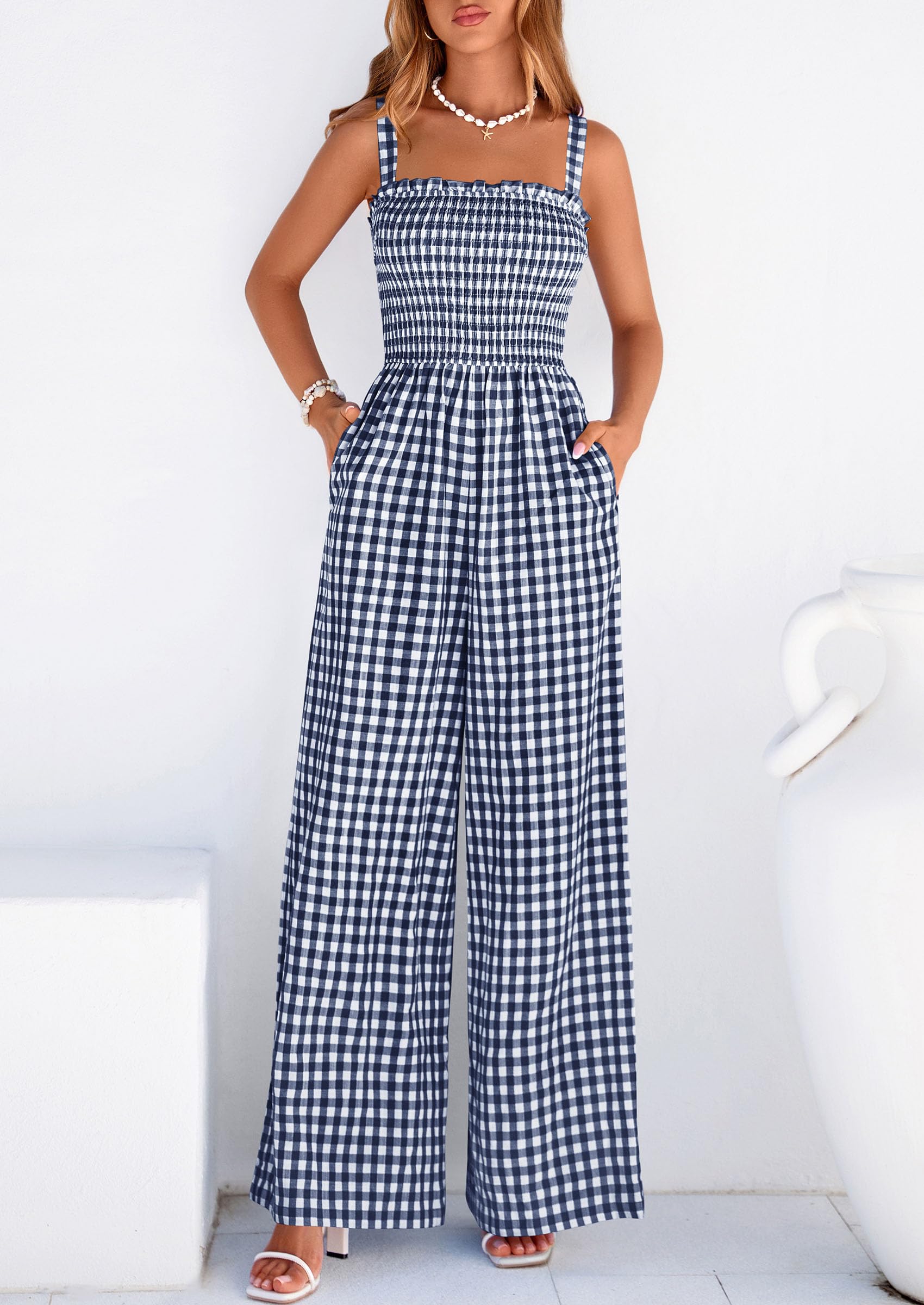 PRETTYGARDEN One Piece Jumpsuits for Women Casual Summer Cruise Outfits  Spring Fashion Smocked Wide Leg Gingham Rompers