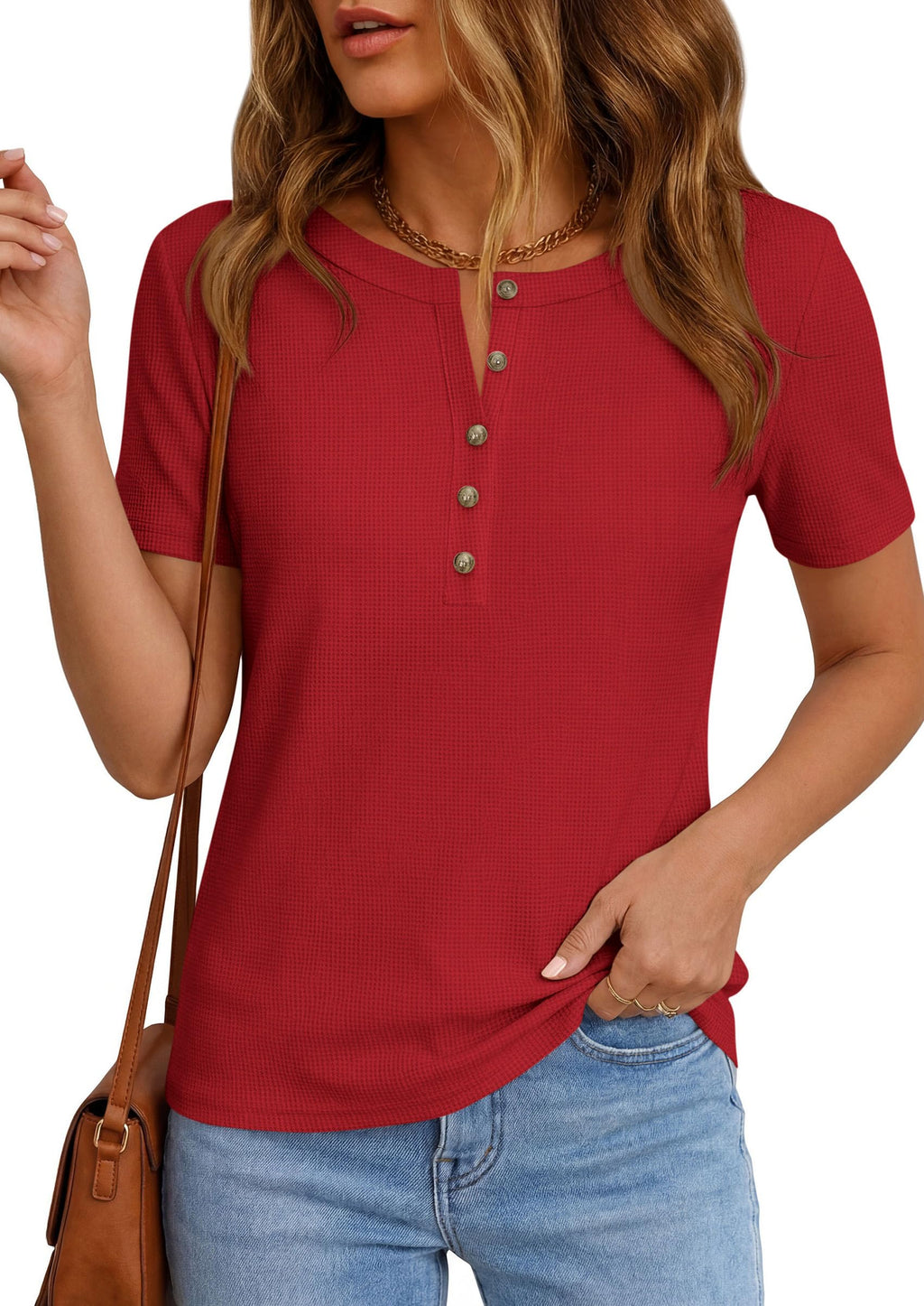 PRETTYGARDEN Waffle Knit Tops for Women Short Sleeve Henley Shirts  Summer Blouses Dressy Casual Spring Fashion Clothes
