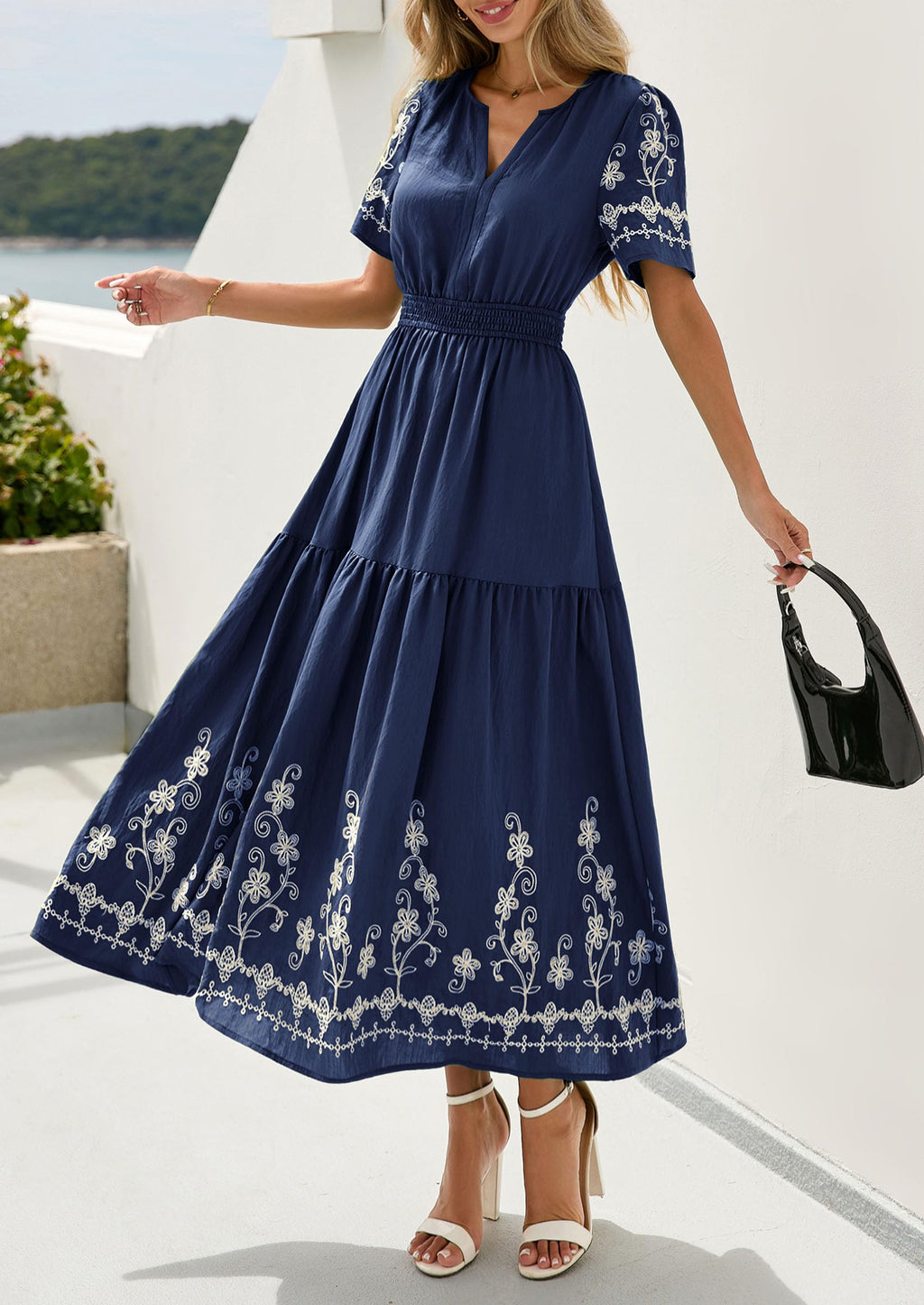 PRETTYGARDEN Women's Summer Boho Maxi Dress Spring Floral Short Sleeve V Neck A Line Flowy Beach Wedding Guest Dresses