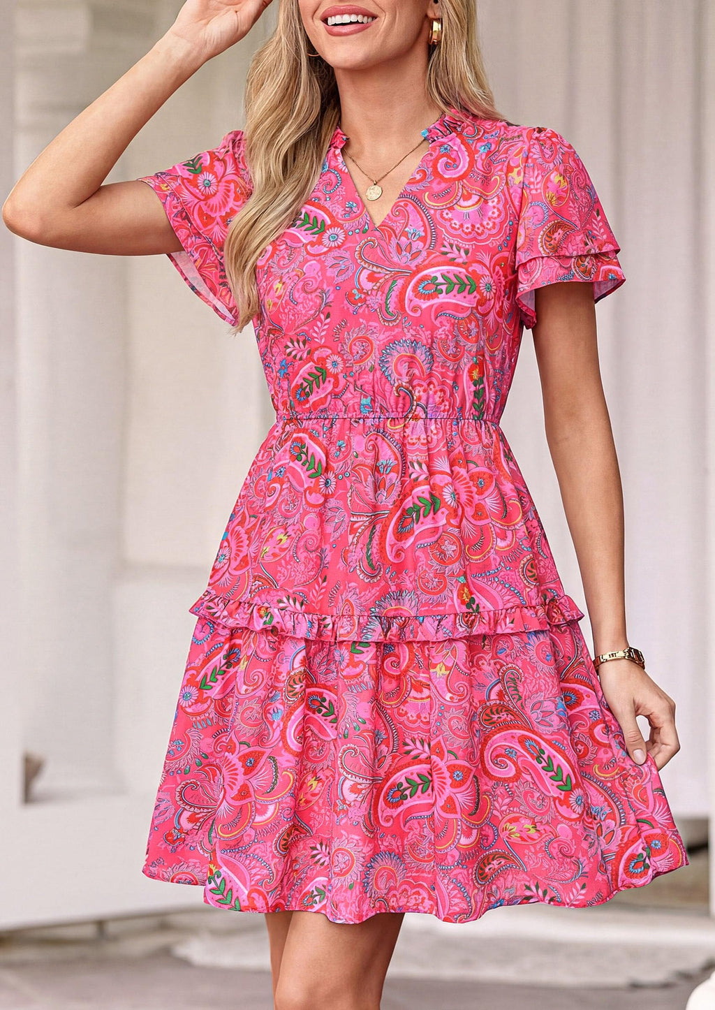 PRETTYGARDEN Womens Summer Floral Mini Dress  Trendy Ruffle Short Sleeve V Neck Flowy A Line Short Beach Dresses