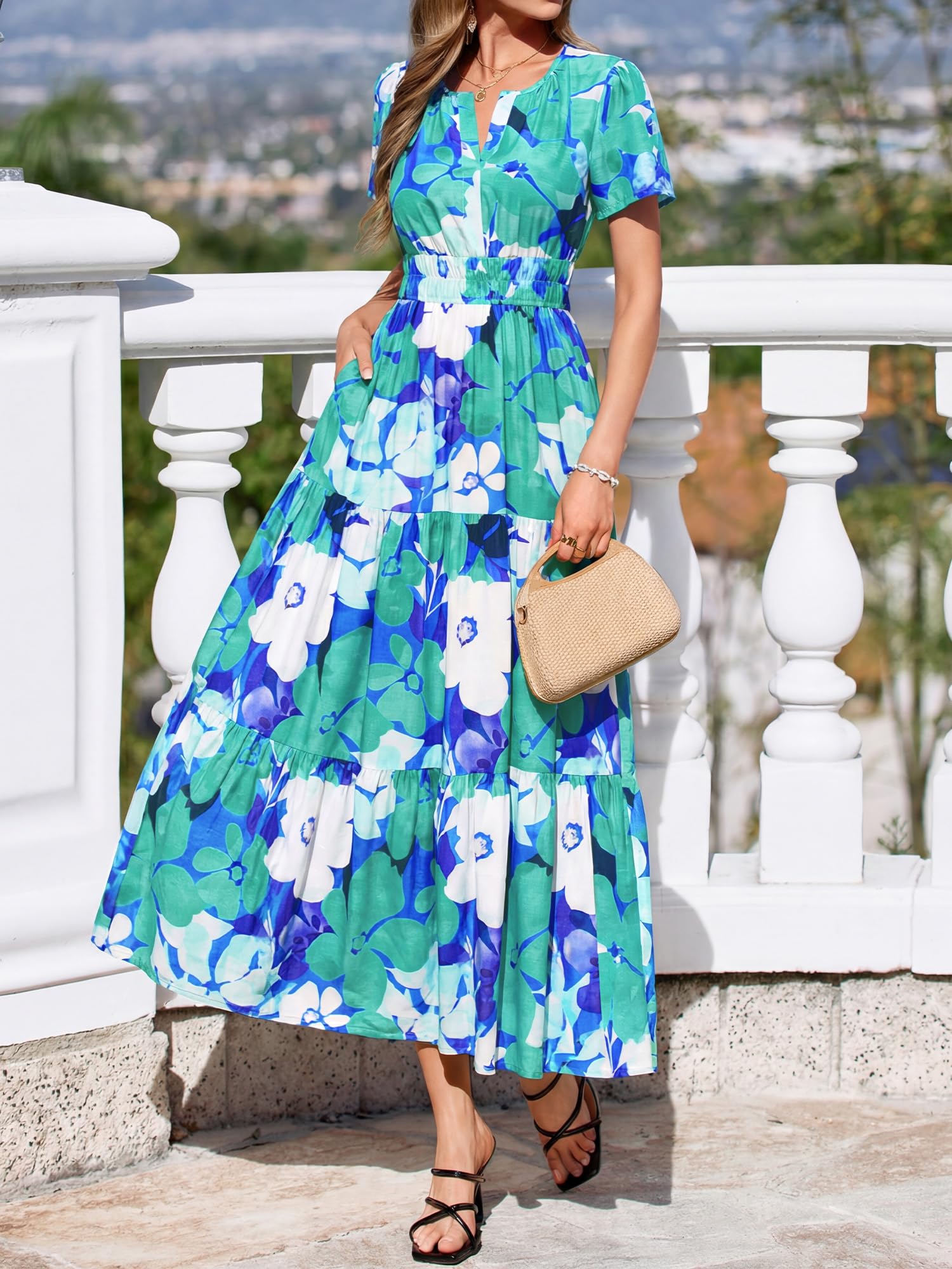 BTFBM Womens Summer Floral Maxi Dresses V Neck Short Sleeve Boho Casual Flowy Long Wedding Guest Dress Beach Vacation