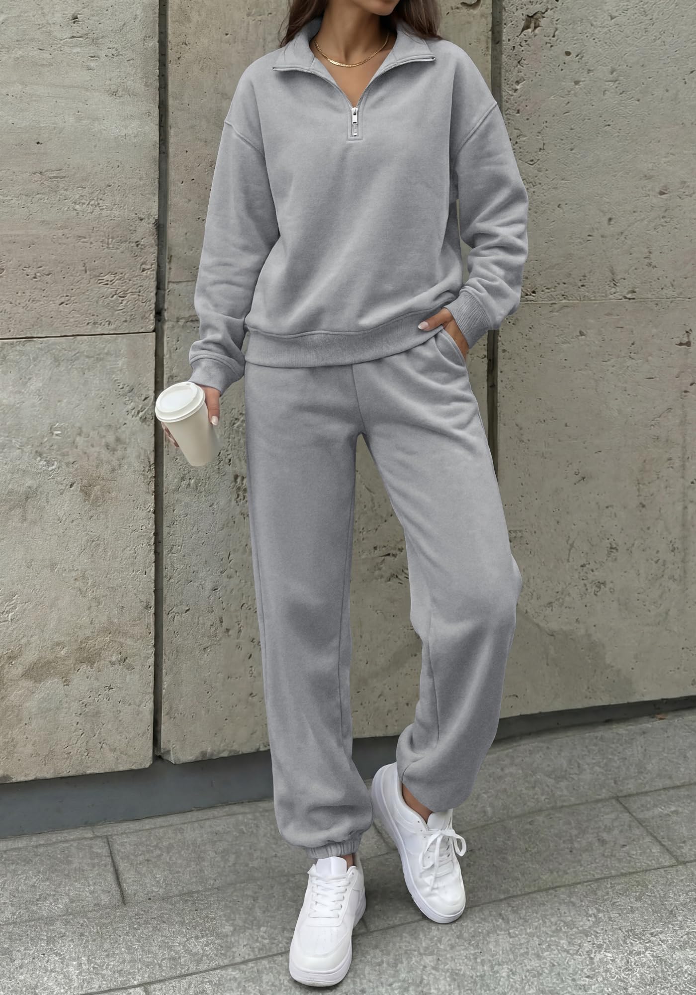 BTFBM Womens 2 Piece Outfits Sweatsuit Fleece Lounge Sets Quarter Zip Pullover Sweatshirt,Baggy Jogger Sweatpants,Fall Fashion Clothing,Airport Travel Matching Sweat Set