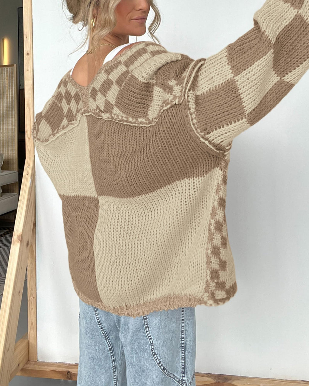 FreshPretty Casual Cardigan Sweater for Women Fall Long Sleeve Open Front Chunky Knit Sweaters Checkered Outwear Coat