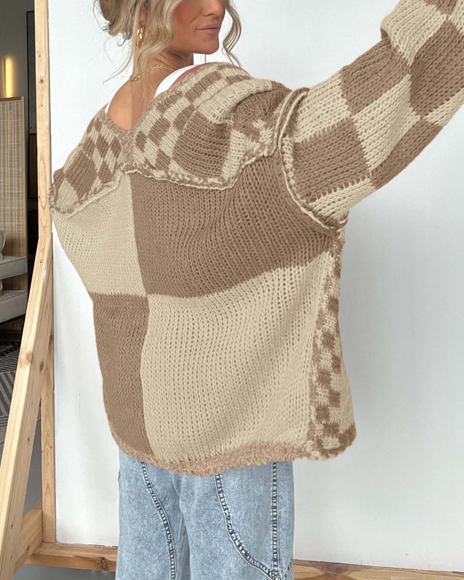 FreshPretty Casual Cardigan Sweater for Women Fall Long Sleeve Open Front Chunky Knit Sweaters Checkered Outwear Coat