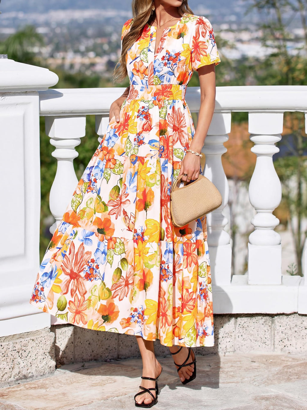 BTFBM Womens Summer Floral Maxi Dresses V Neck Short Sleeve Boho Casual Flowy Long Wedding Guest Dress Beach Vacation