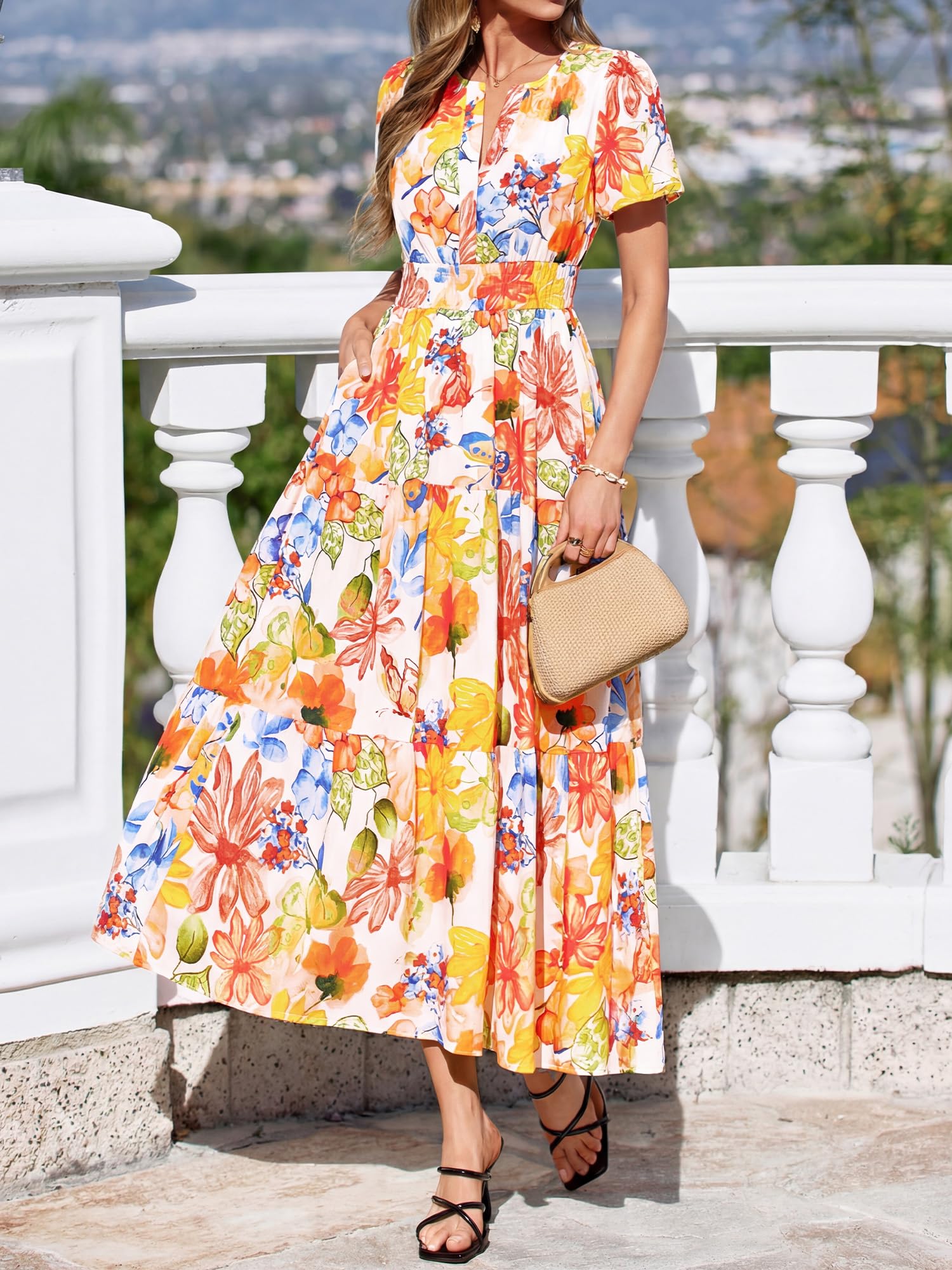BTFBM Womens Summer Floral Maxi Dresses V Neck Short Sleeve Boho Casual Flowy Long Wedding Guest Dress Beach Vacation