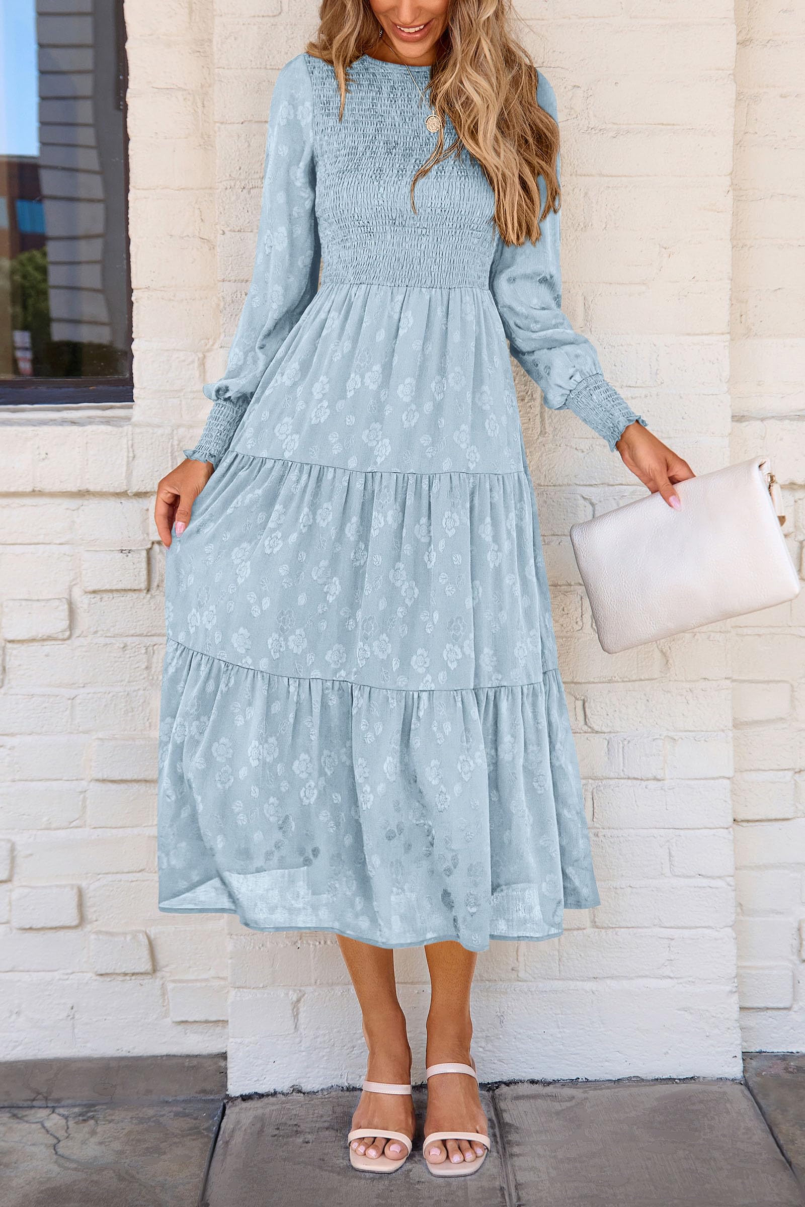 PRETTYGARDEN Women's Fall Spring Midi Dress Long Sleeve Floral Smocked Elegant Wedding Guest Long Flowy Dresses with Pockets