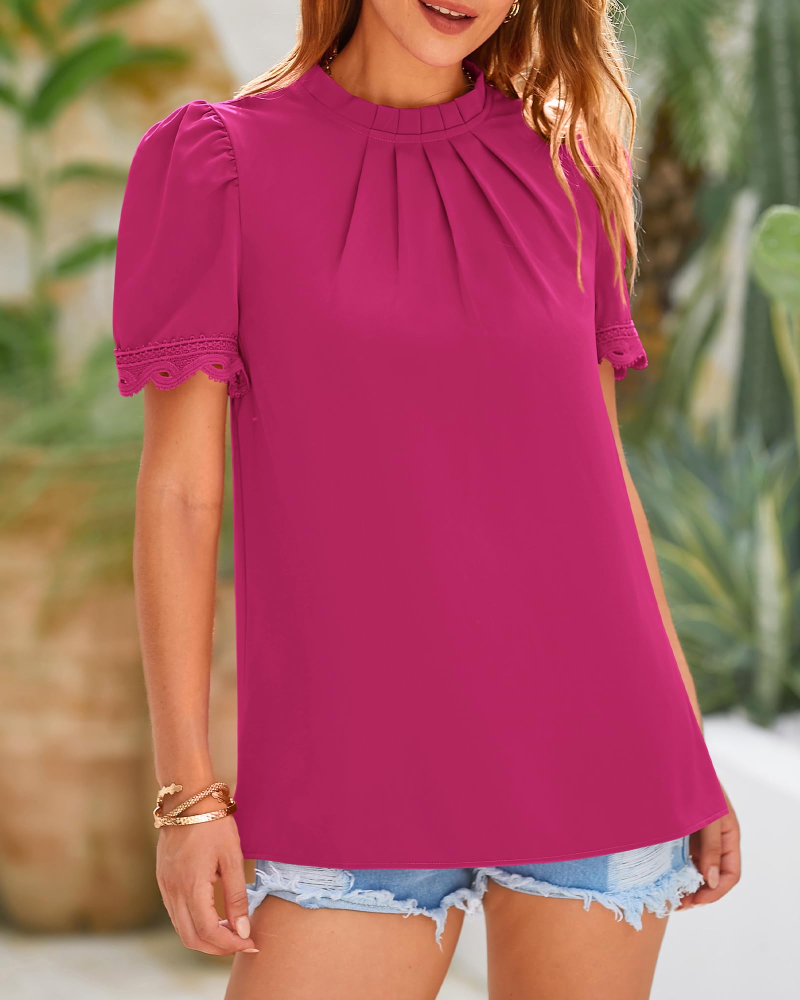 FreshPretty Women's Dressy Casual Blouses Business Work Tops Lace Trim Short Sleeve Office Shirts Summer Spring Outfits