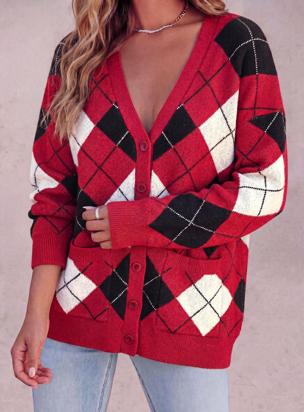 PRETTYGARDEN Women's Cardigan Argyle Winter Sweaters Cozy Warm Chunky Knit, Long Sleeve V Neck, Color Block Plaid, Button Up Pocket,Trendy Fall Jackets, Holiday Going Out Outfits