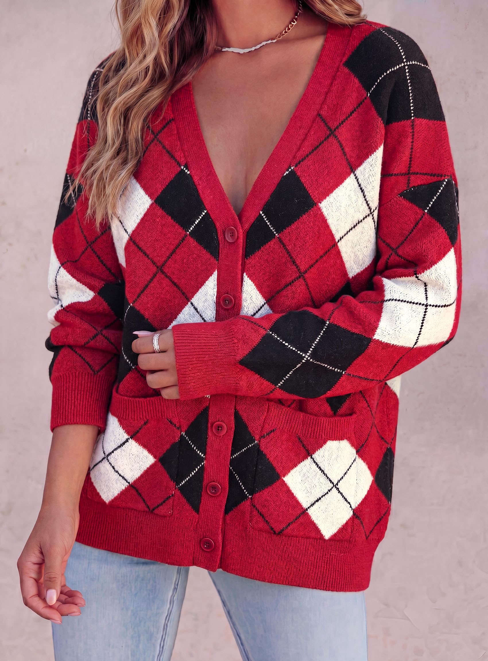 PRETTYGARDEN Women's Cardigan Argyle Winter Sweaters Cozy Warm Chunky Knit, Long Sleeve V Neck, Color Block Plaid, Button Up Pocket,Trendy Fall Jackets, Holiday Going Out Outfits