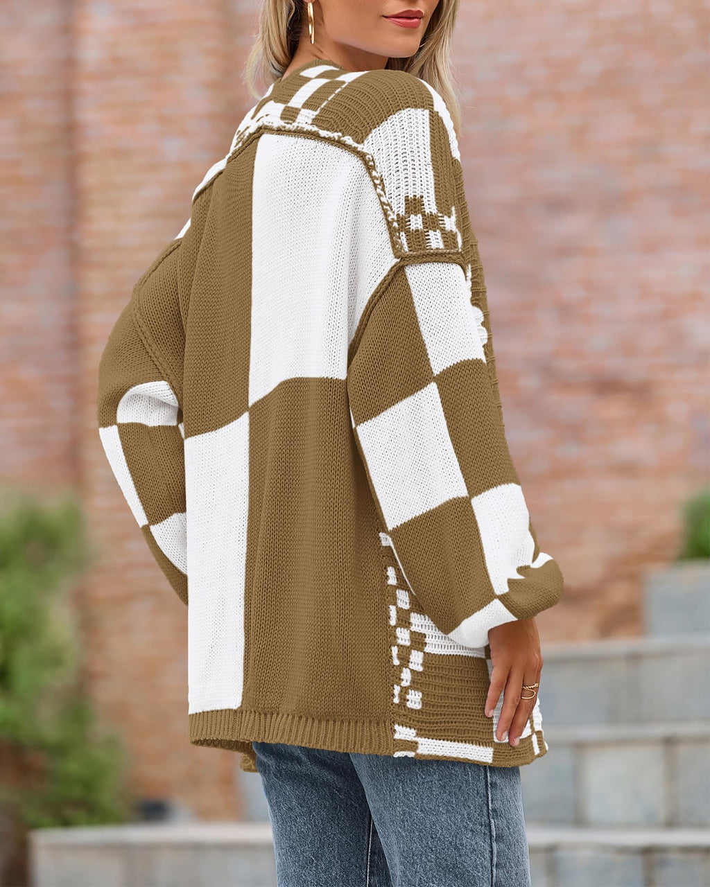 FreshPretty Casual Cardigan Sweater for Women Fall Long Sleeve Open Front Chunky Knit Sweaters Checkered Outwear Coat