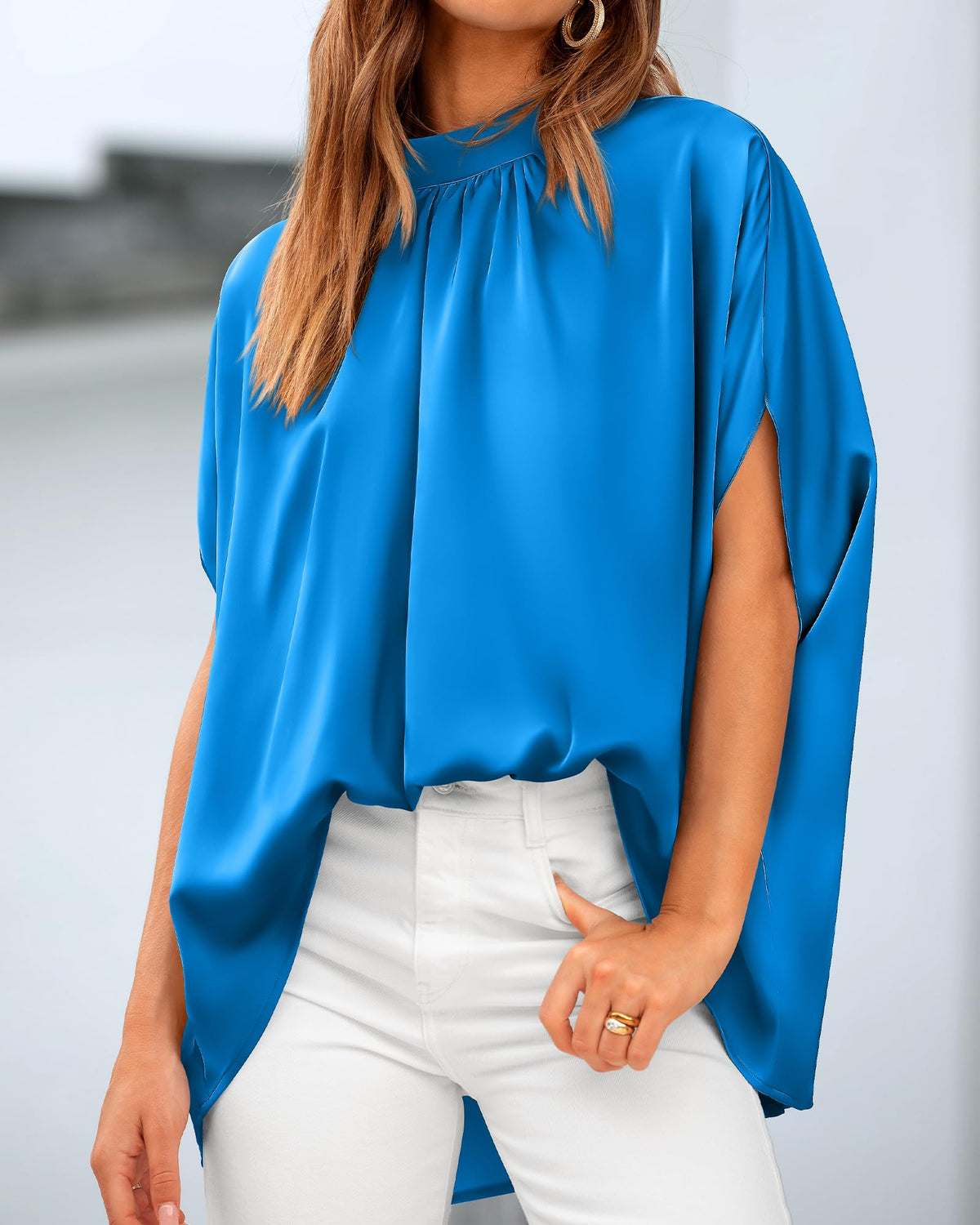 BTFBM Womens Summer Tops Mock Neck Batwing Sleeve Silk Satin Shirts Loose Oversized Dressy Casual Spring Blouses