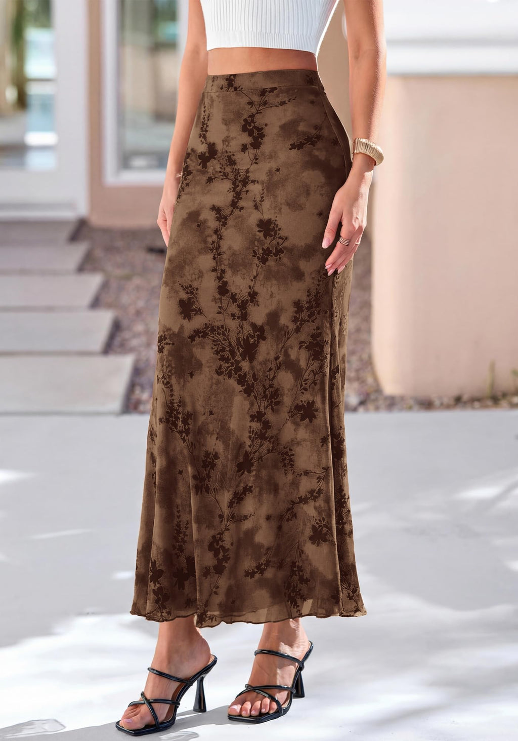 BTFBM Womens Floral Mesh Maxi Skirt Spring Summer Elastic High Waisted Boho Elegant Mermaid Long Skirts for Women