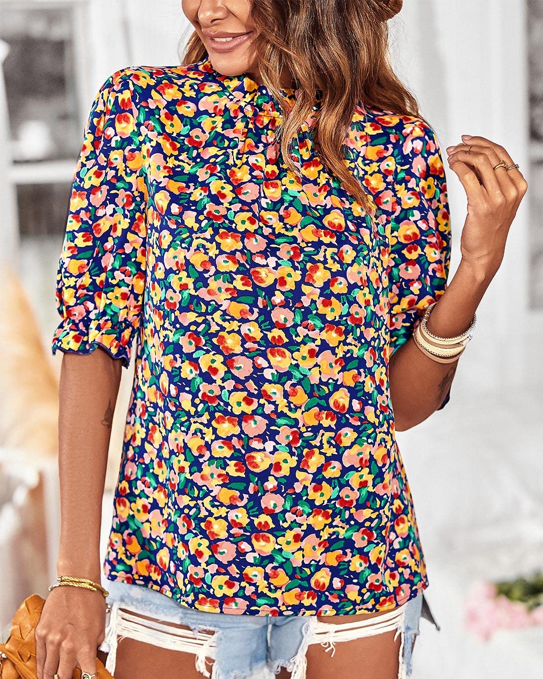 FreshPretty Women's Dressy Casual Blouses Business Work Tops Lace Trim Short Sleeve Office Shirts Summer Spring Outfits