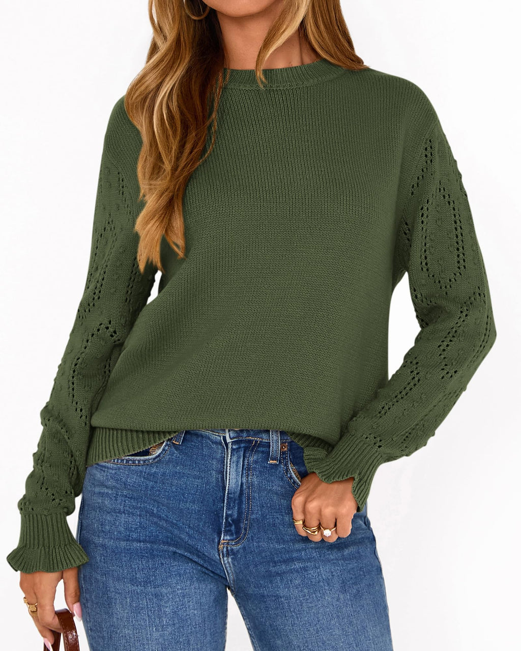 BTFBM Fall Sweaters for Women Crew Neck Long Sleeve Hollow Out Swiss Dot Knit Casual Pullover Tops Fashion Clothing