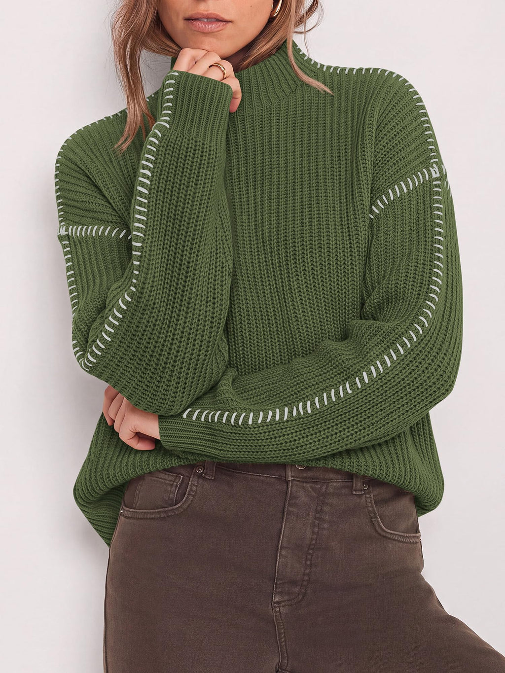 "BTFBM Womens Oversized Sweaters Contrast Chunky Knit Sweater Loose Fit Mock Neck Long Sleeve Tops, Soft Cozy Knitwear, Fall Fashion 2026, Casual Winter Clothing, Daily Going Out Outfits"