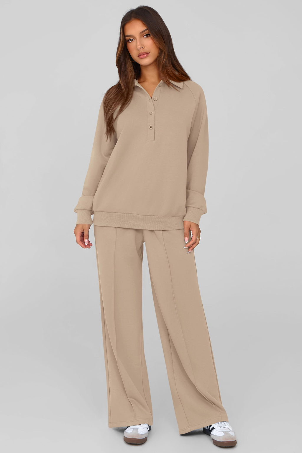 PRETTYGARDEN Women Fall 2 Piece Outfits Sweatsuits Lounge Sets Quarter Button Long Sleeve Sweatshirt, Wide Leg Sweat Pants, Casual 2 Piece Sets Tracksuit, Airport Travel Outfits for Women