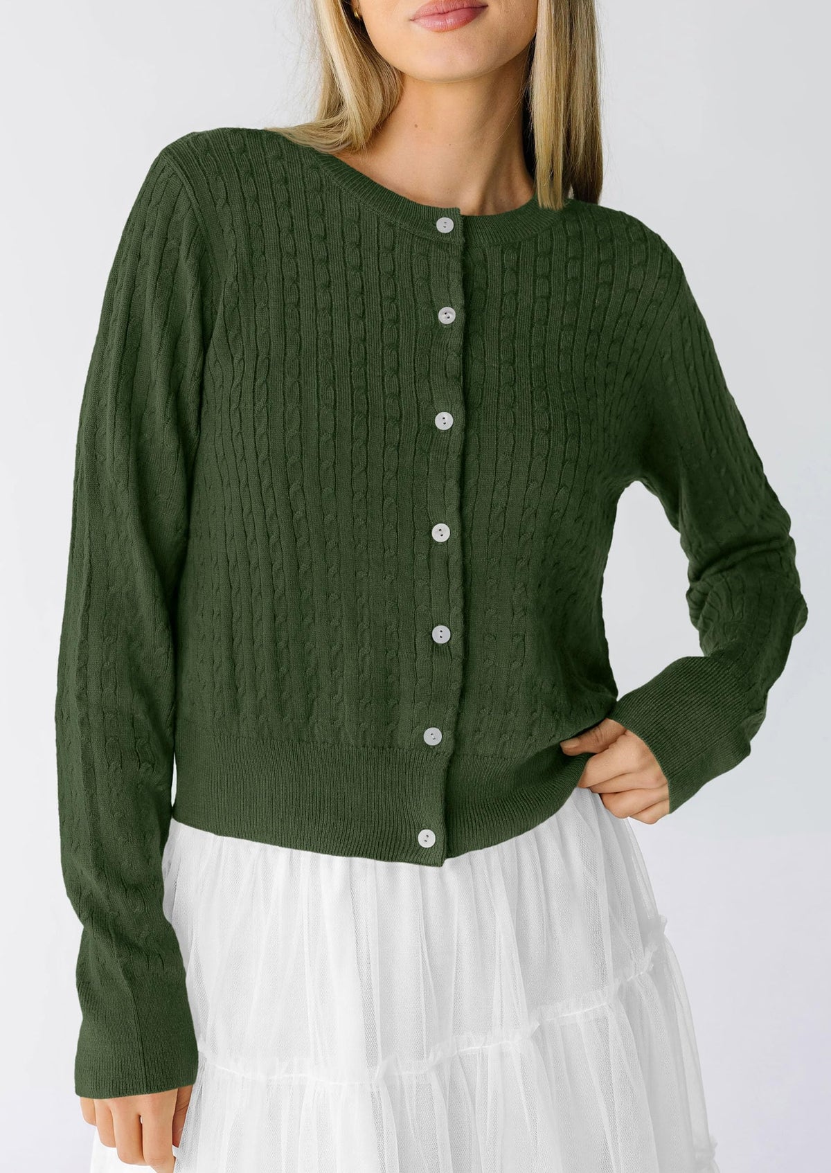 PRETTYGARDEN Women Lightweight Button Up Cardigan Sweaters | Soft Stretchy, Cozy Cable Knit, Long Sleeve Crew Neck, Trendy Cardigans, Cute Casual Outfits, Early Fall Fashion Clothing