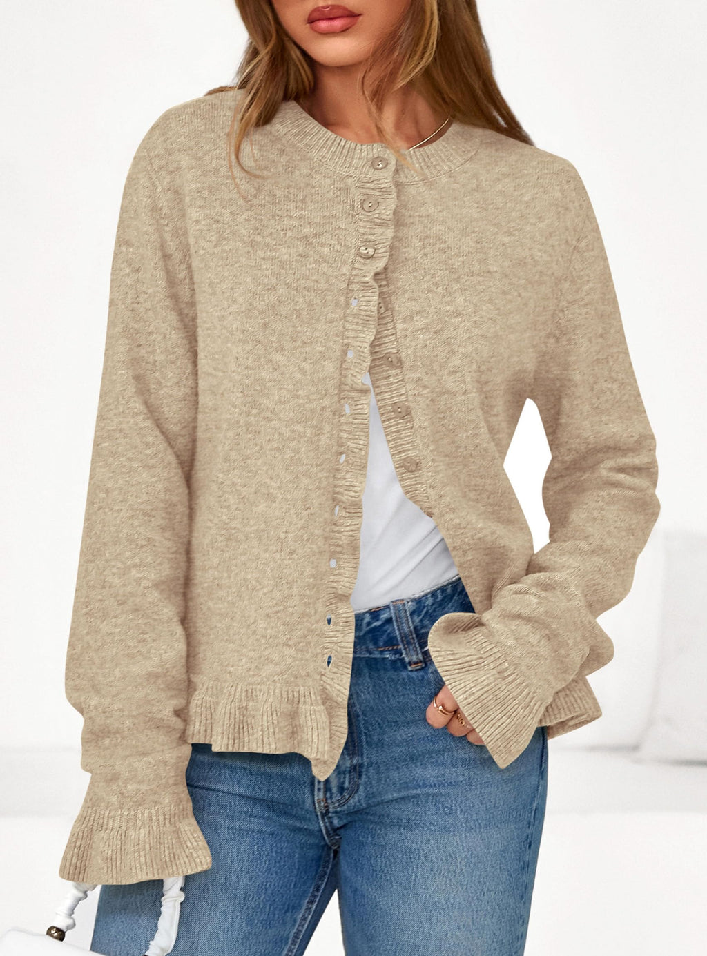 PRETTYGARDEN Womens Fall Button Down Cardigans Chunky Knit Ruffle Open Front Cropped Cardigan Sweaters Soft Long Sleeve Tops