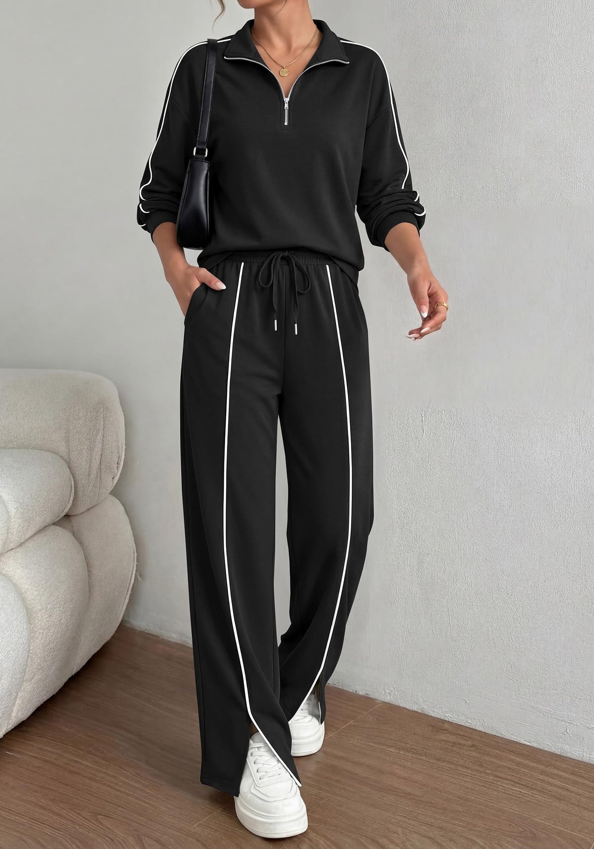 BTFBM 2 Piece Sets for Women Lounge Set Fall Outfits 2 Piece Outfits,Long Sleeve,Solid,Half Zip,Wide Leg Pants,Matching Sets Women Clothing,Tracksuits,Pants Set