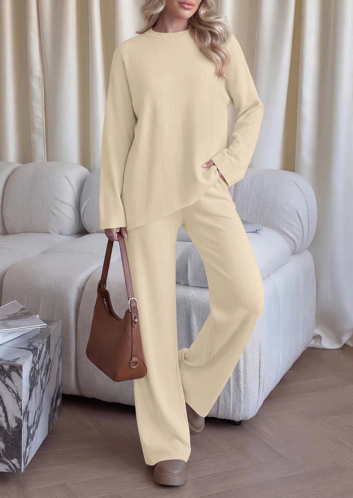 PRETTYGARDEN Womens Fall 2 Piece Asymmetric Cozy Sweater Travel Lounge Sets Crewneck Drop Shoulder Tops, Wide Leg Pants, Soft Casual Knit Matching Set,Vacation Airport Holiday Outfits