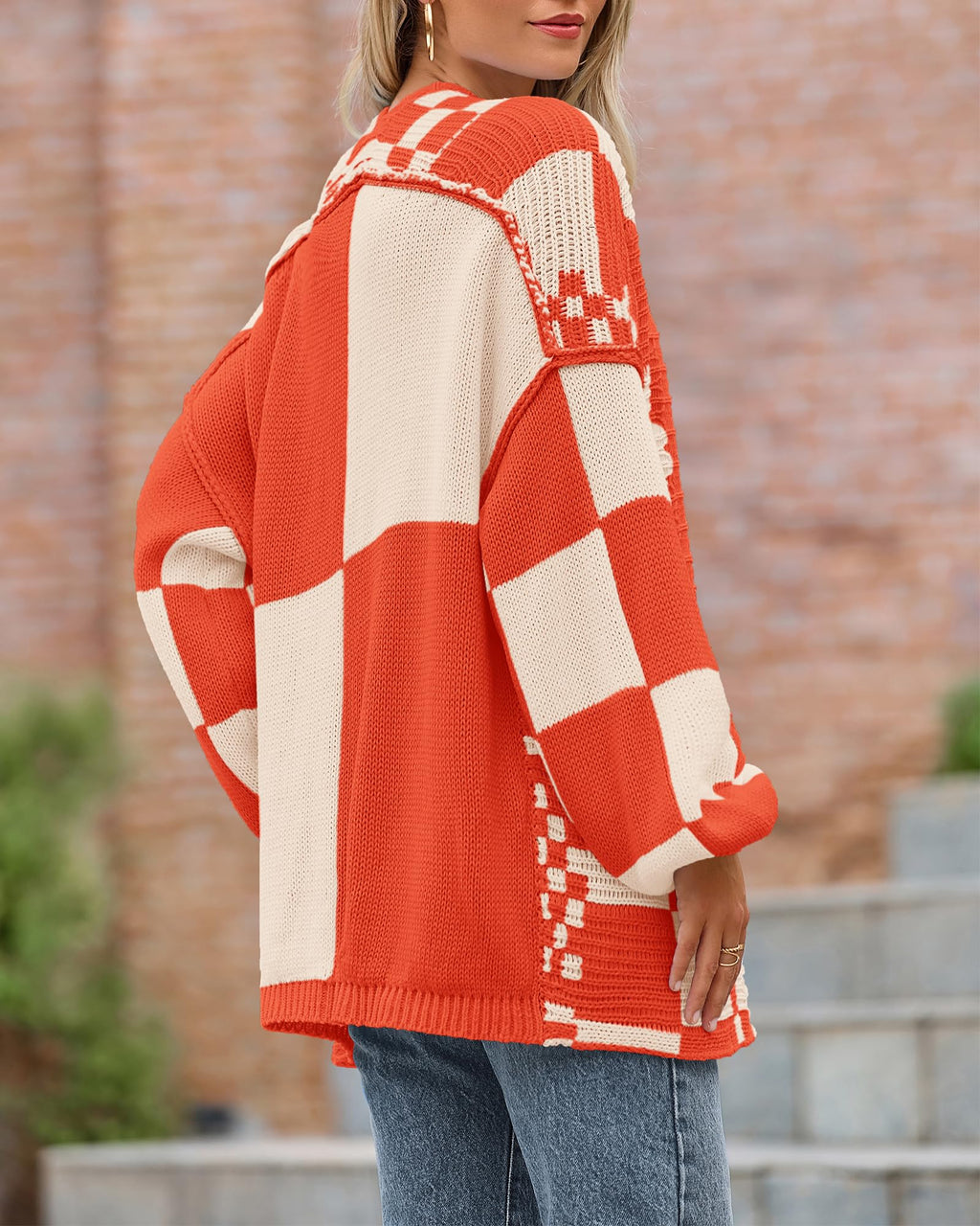 FreshPretty Casual Cardigan Sweater for Women Fall Long Sleeve Open Front Chunky Knit Sweaters Checkered Outwear Coat