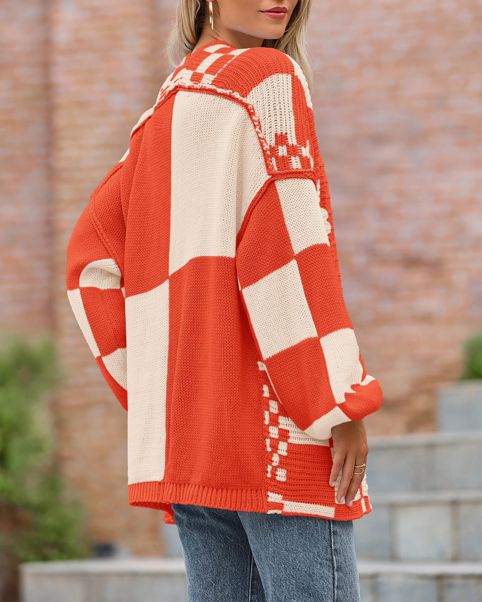 FreshPretty Casual Cardigan Sweater for Women Fall Long Sleeve Open Front Chunky Knit Sweaters Checkered Outwear Coat